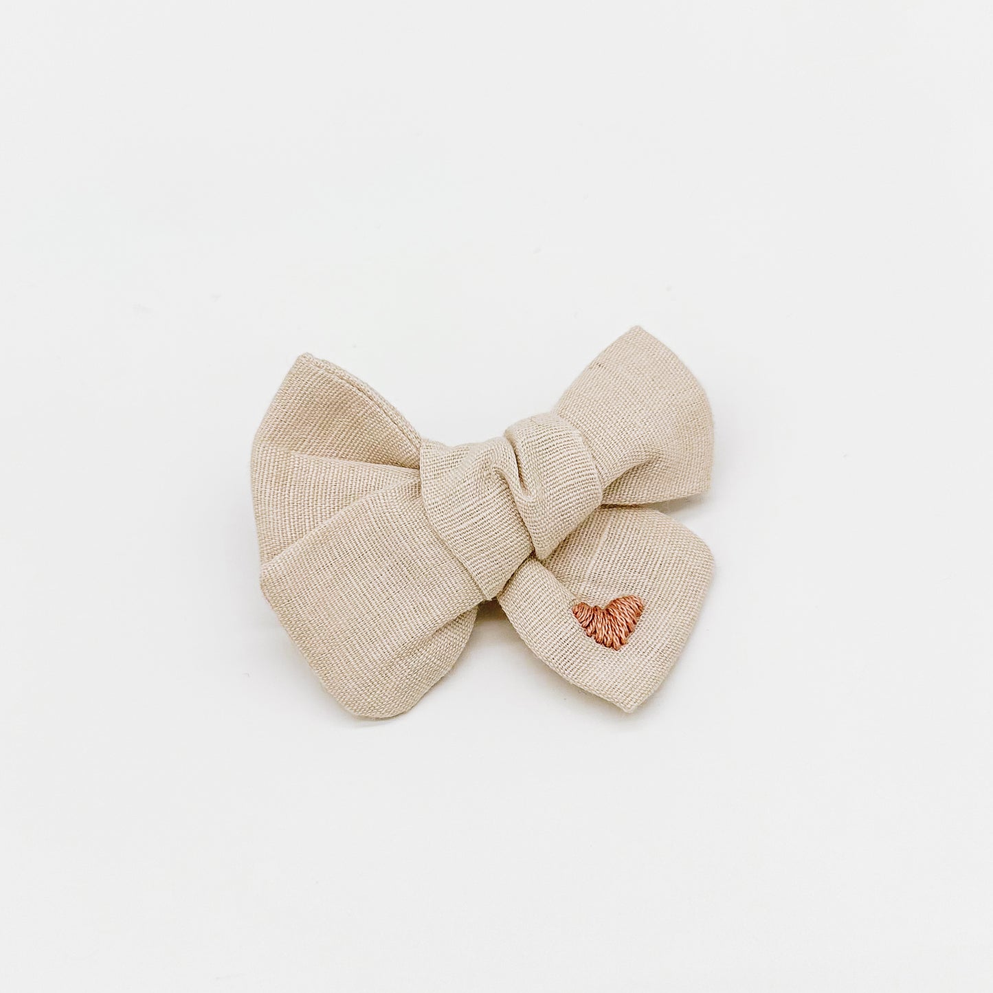 Beige Linen Hand Embroidered Heart Hair Bow | Handmade Bows