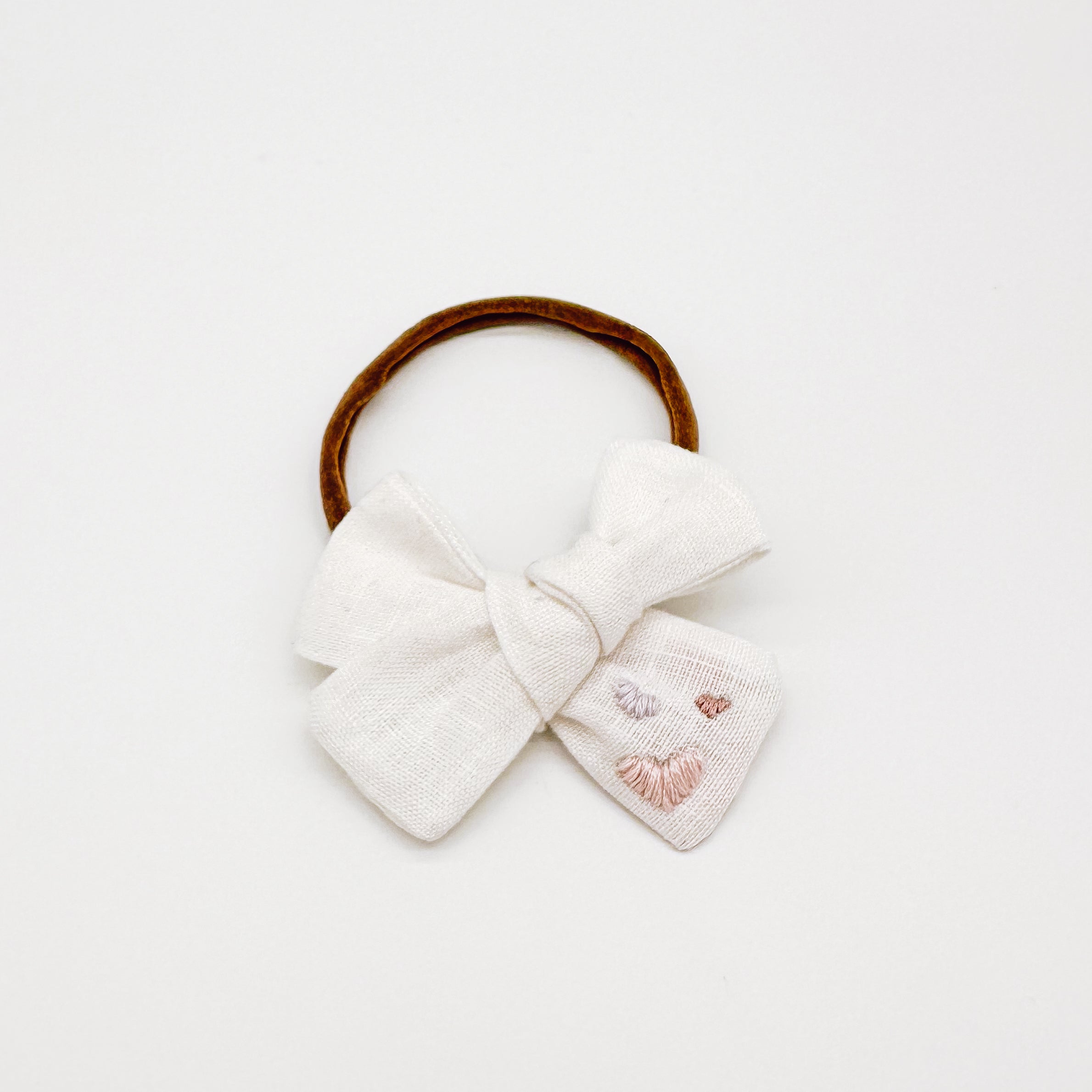 White Linen Hand Embroidered Love Hearts Hair Bow | Handmade Bows