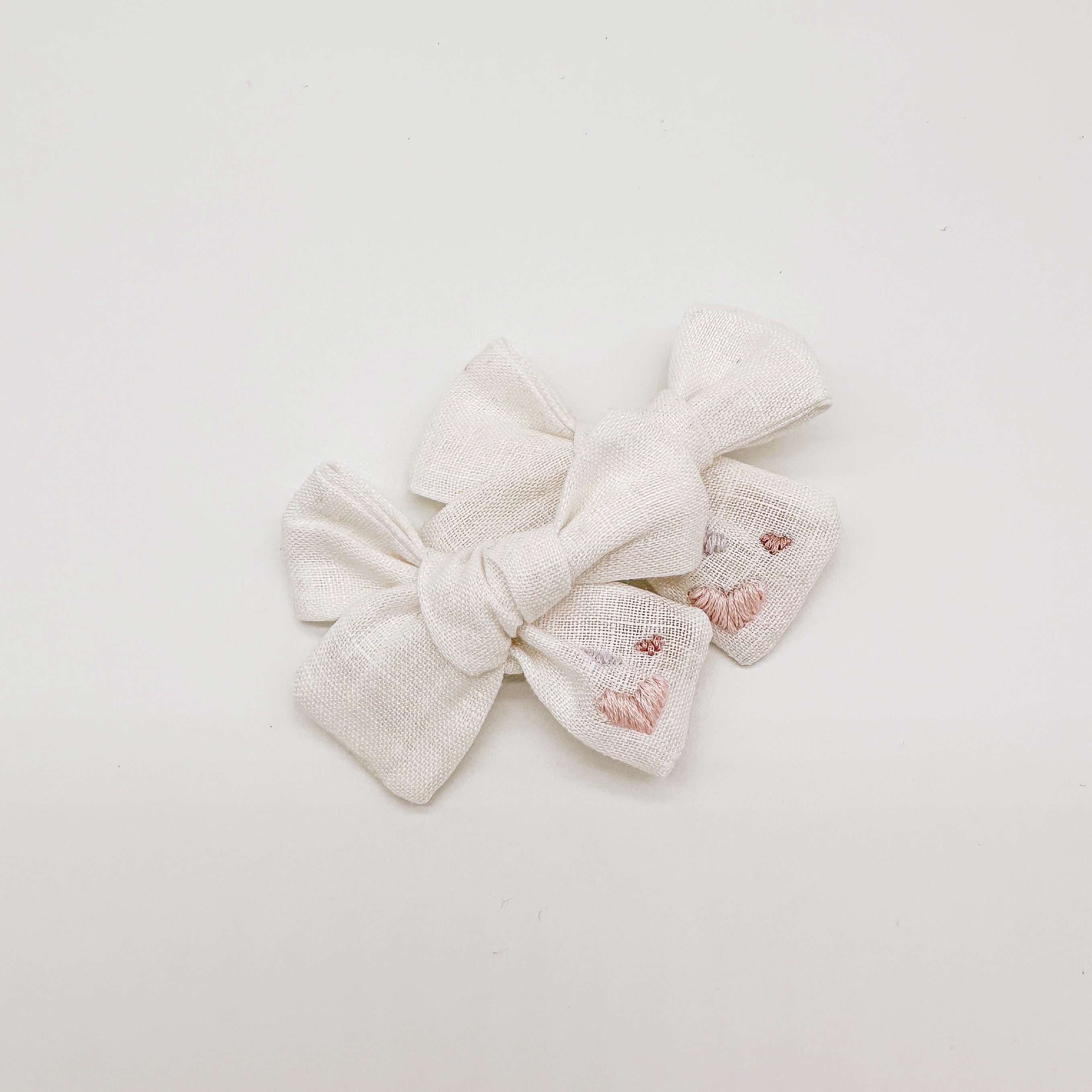 White Linen Hand Embroidered Love Hearts Hair Bow | Handmade Bows