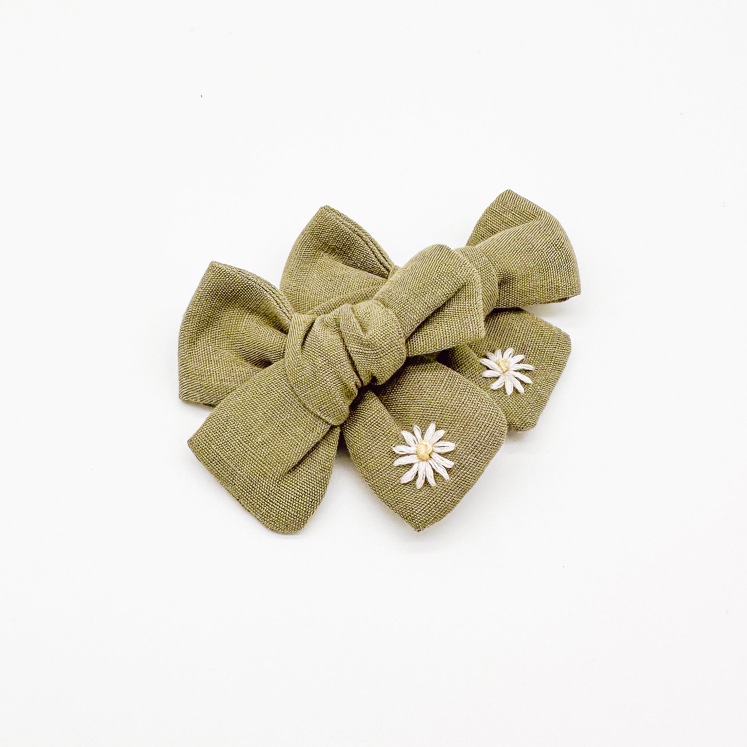 Sage Linen Hand Embroidered Daisy Hair Bow | Handmade Bow