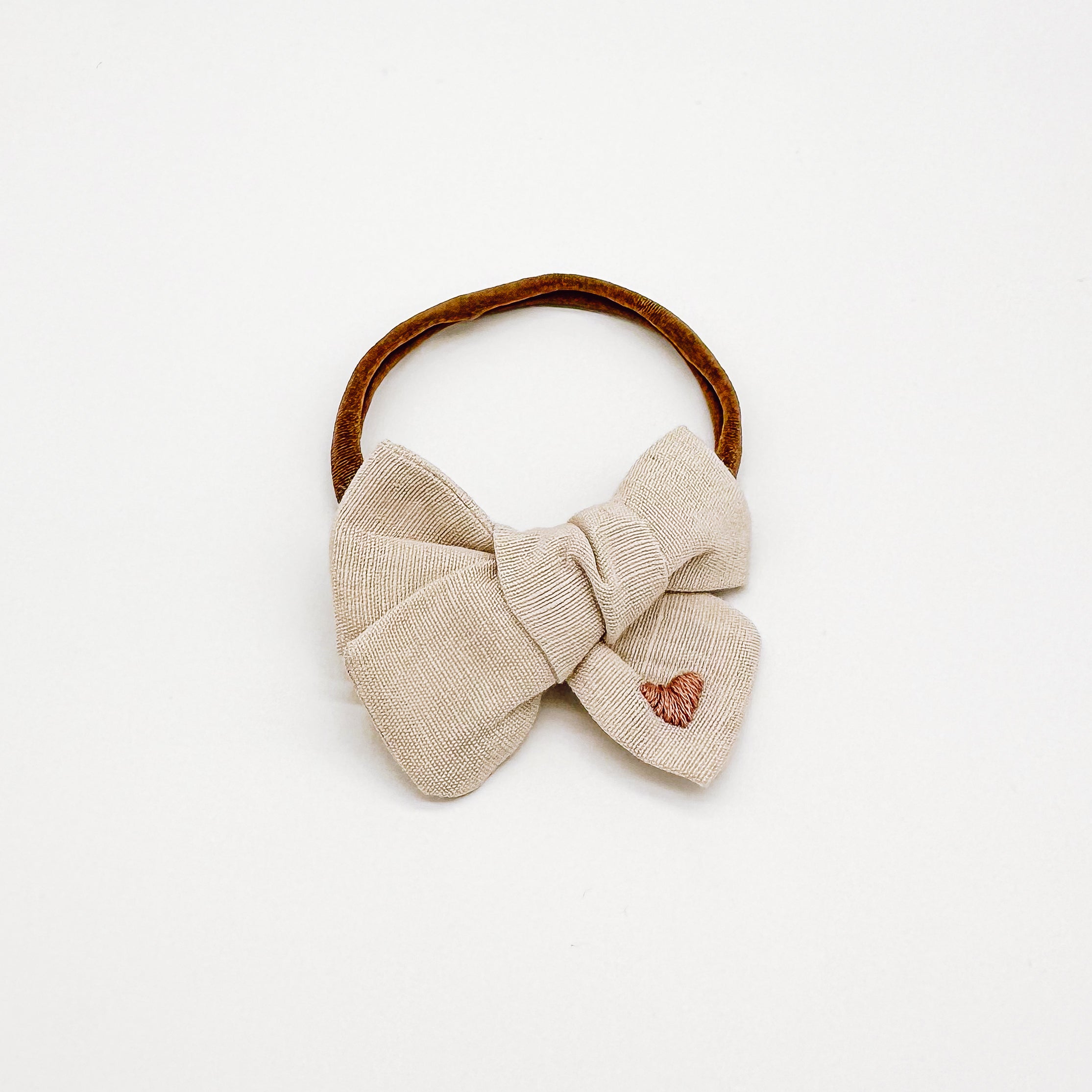 Beige Linen Hand Embroidered Heart Hair Bow | Handmade Bows