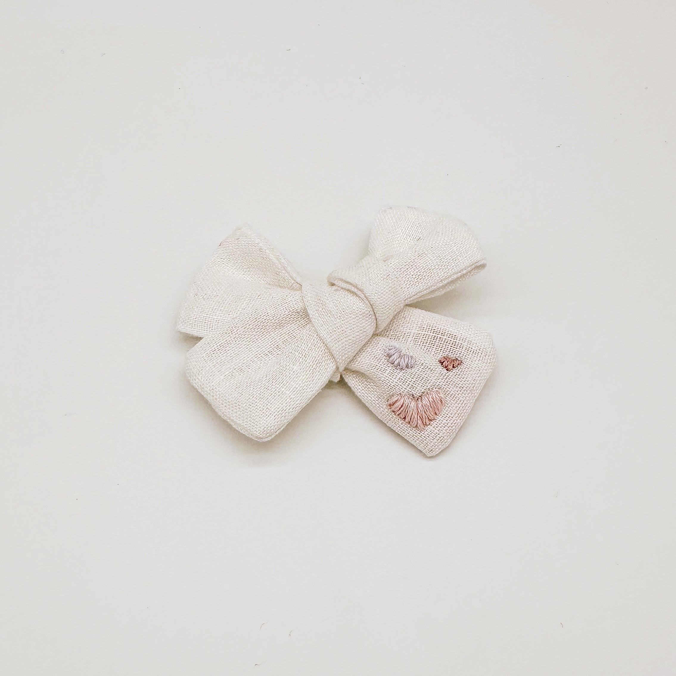 White Linen Hand Embroidered Love Hearts Hair Bow | Handmade Bows