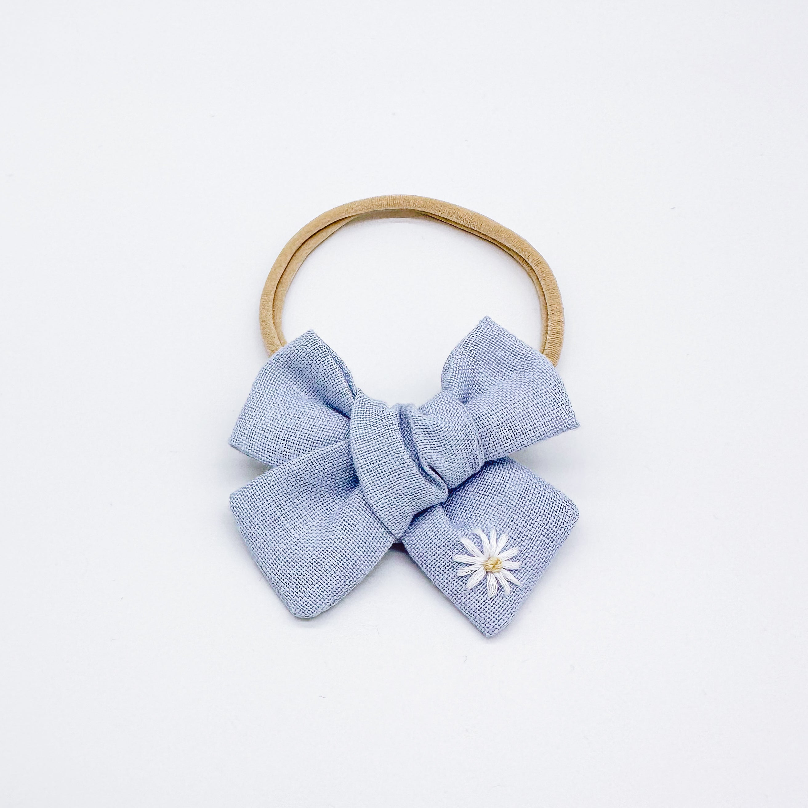 Baby Blue Linen Hand Embroidered Daisy Hair Bow | Handmade Bows