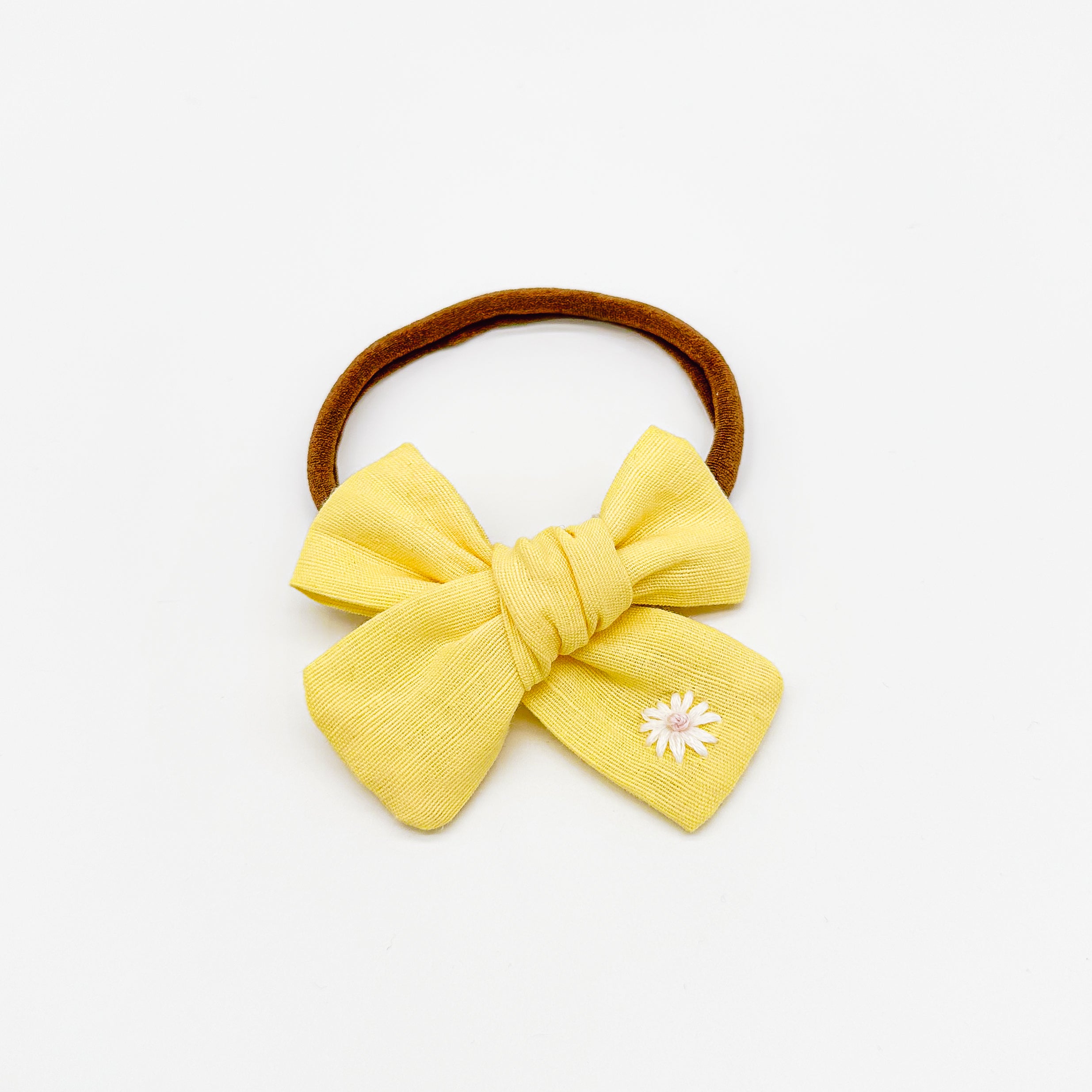 Yellow Linen Hand Embroidered Daisy Hair Bow | Handmade Bows