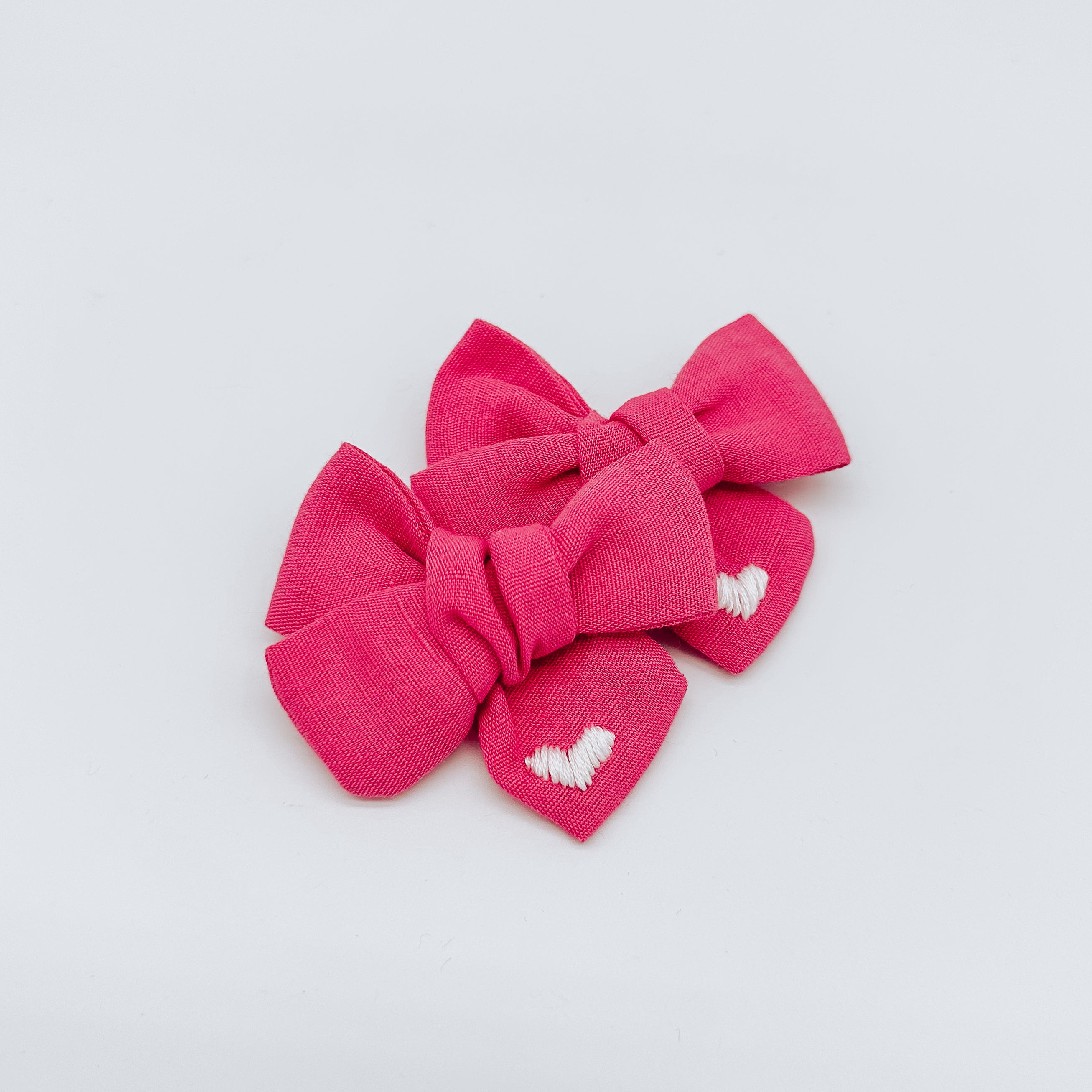 Hot Pink Linen Hand  Embroidered Heart Hair Bow | Handmade Bows