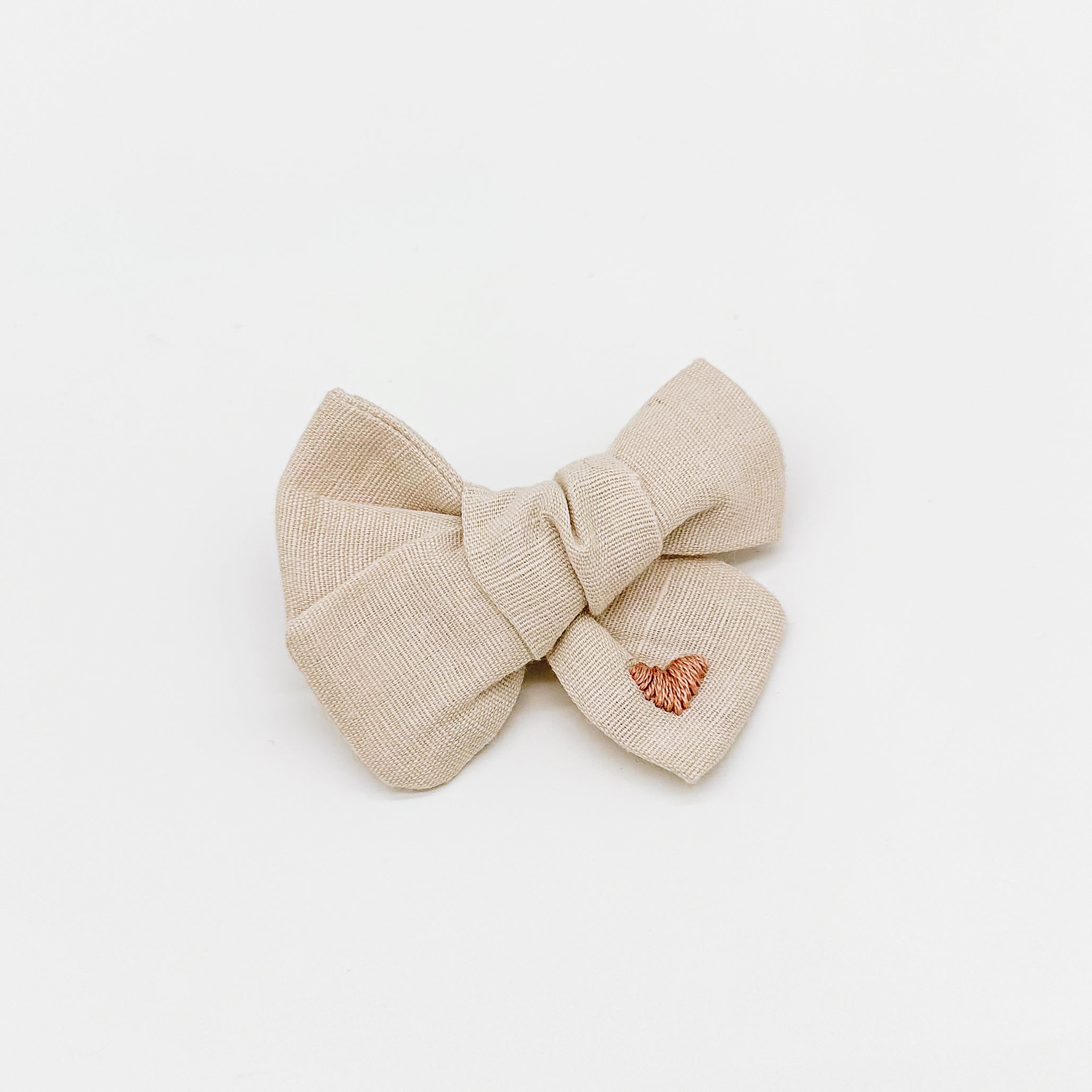 Beige Linen Hand Embroidered Heart Hair Bow | Handmade Bows