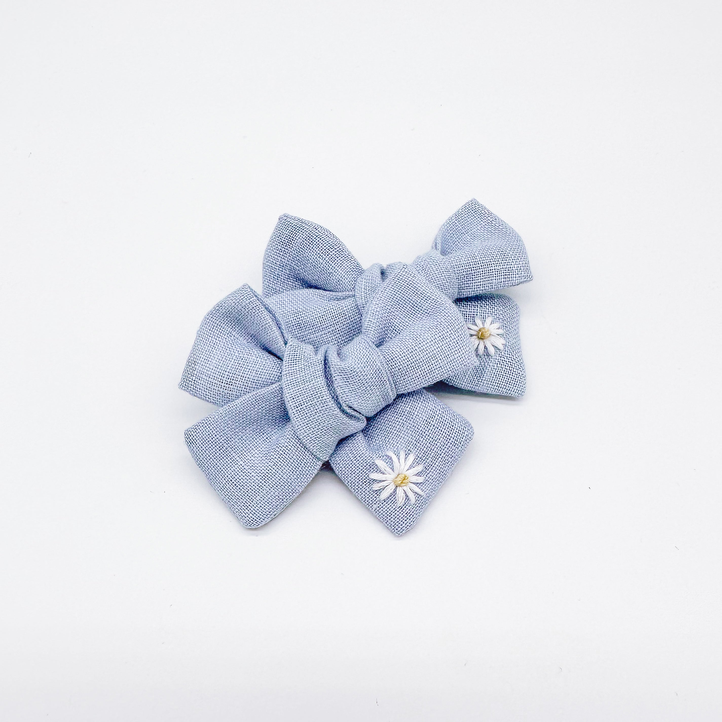 Baby Blue Linen Hand Embroidered Daisy Hair Bow | Handmade Bows