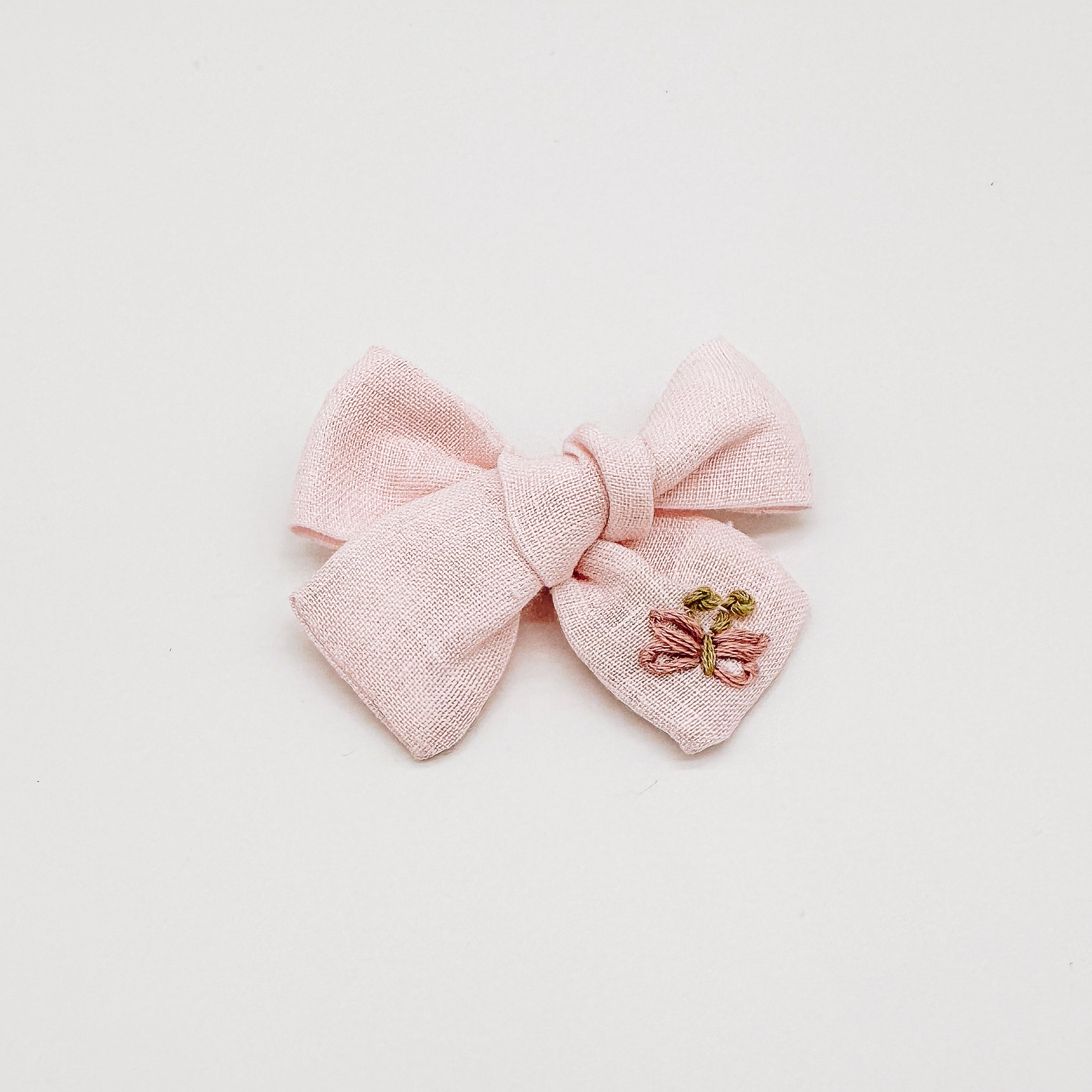 Baby Pink Linen Hand Embroidered Butterfly Hair Bow | Handmade Bows