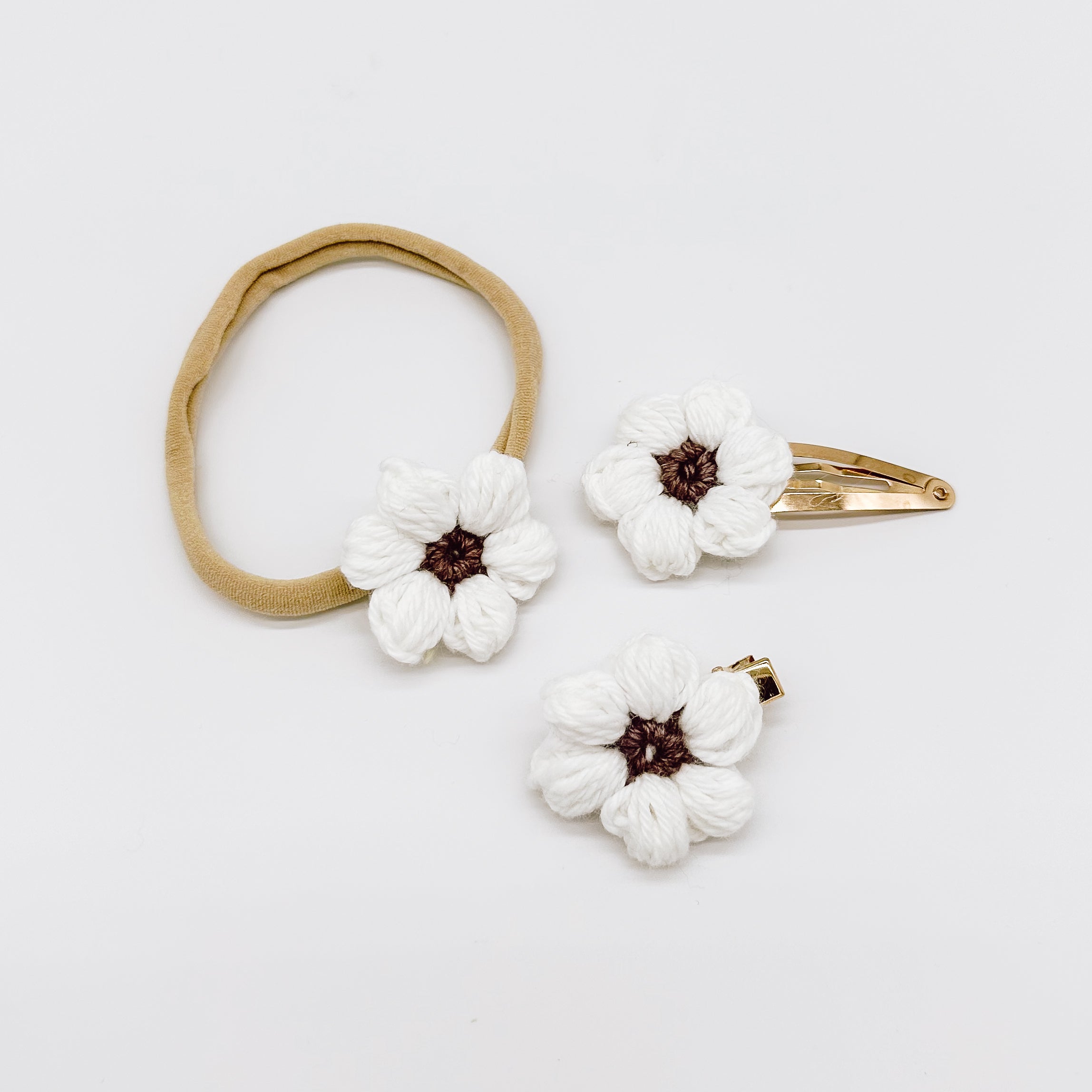 Josie White Mocha Crocheted Flower Hair Accessories | Hand Crocheted Flowers