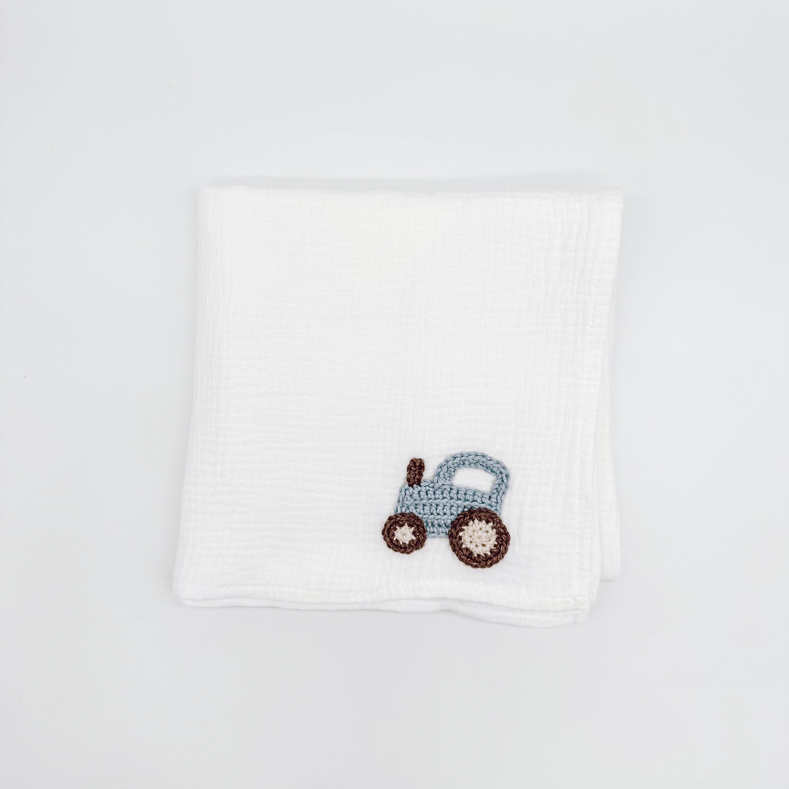 Hand Crocheted Tractor White Baby Wrap | Handmade Baby Wraps