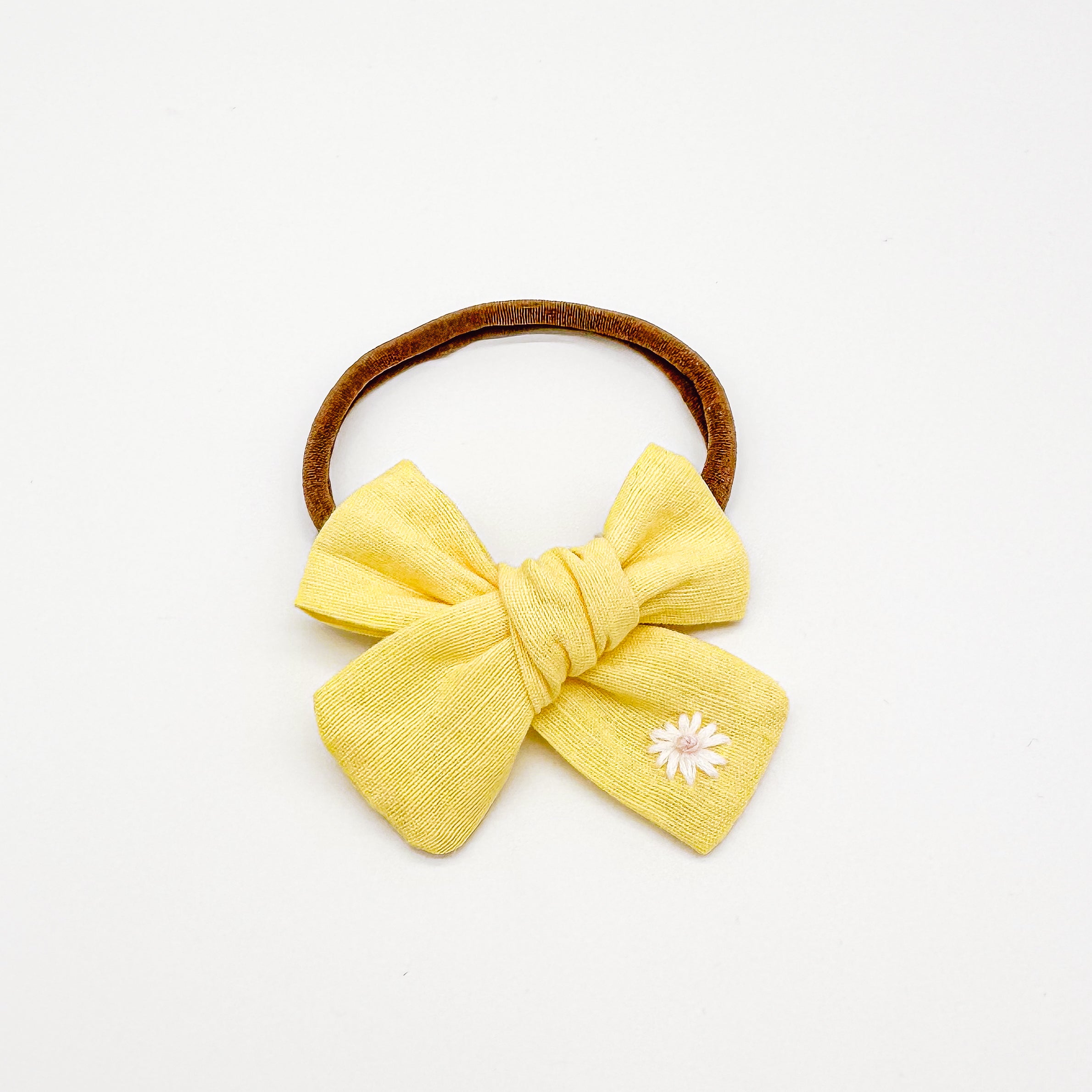 Yellow Linen Hand Embroidered Daisy Hair Bow | Handmade Bows