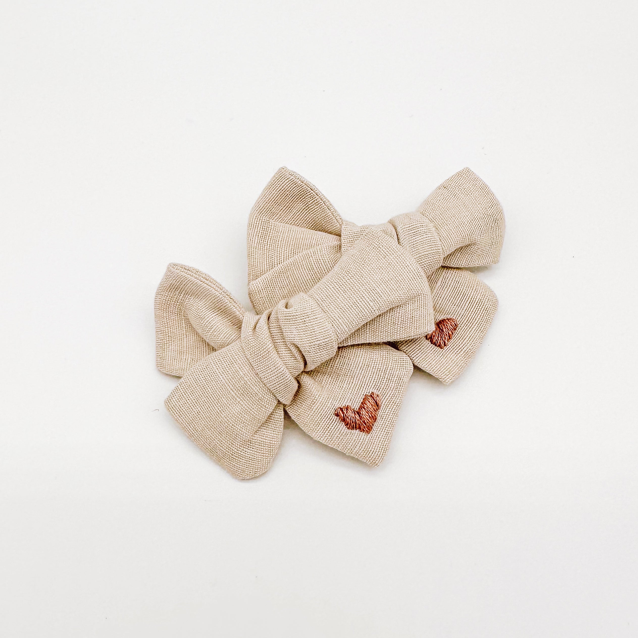 Beige Linen Hand Embroidered Heart Hair Bow | Handmade Bows