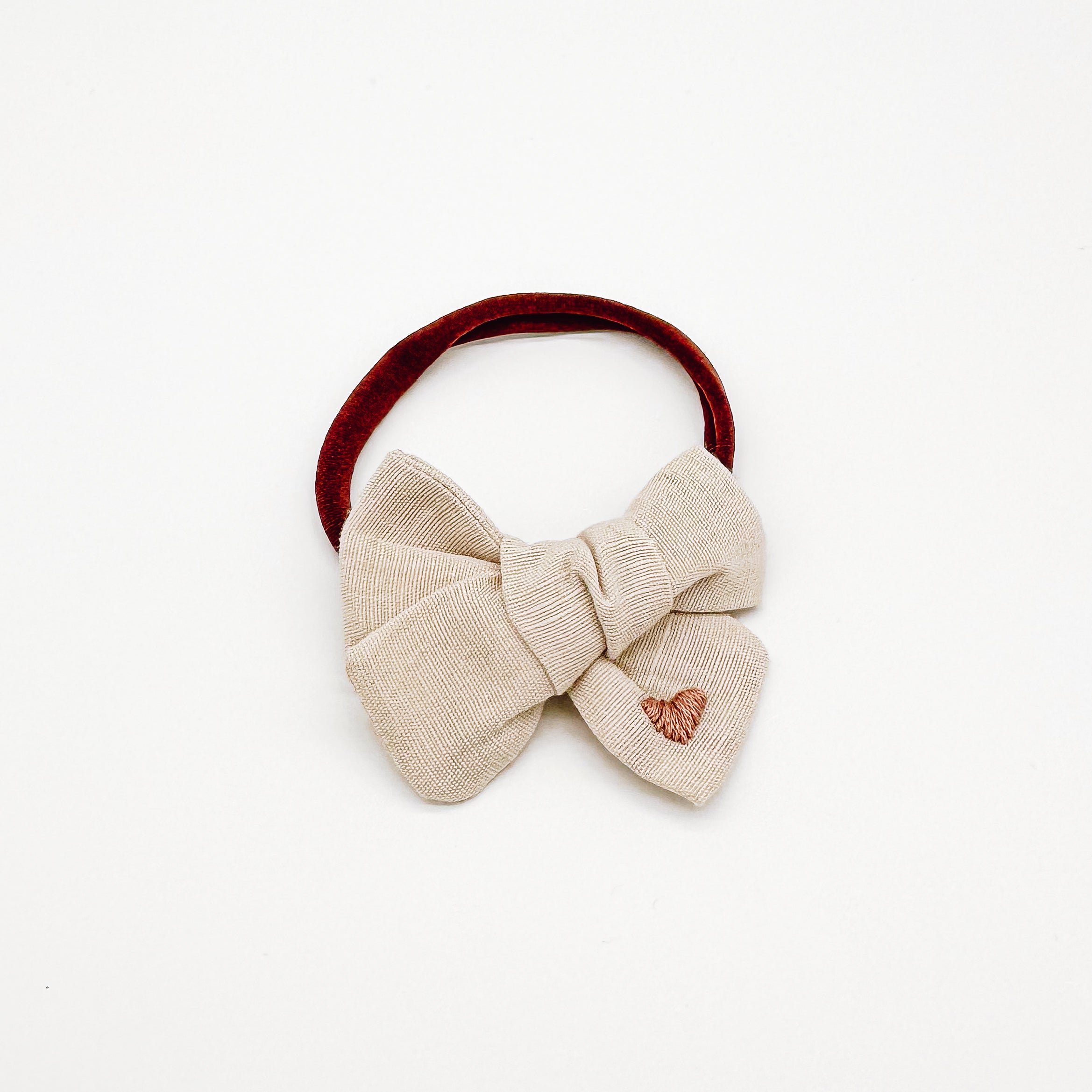 Beige Linen Hand Embroidered Heart Hair Bow | Handmade Bows