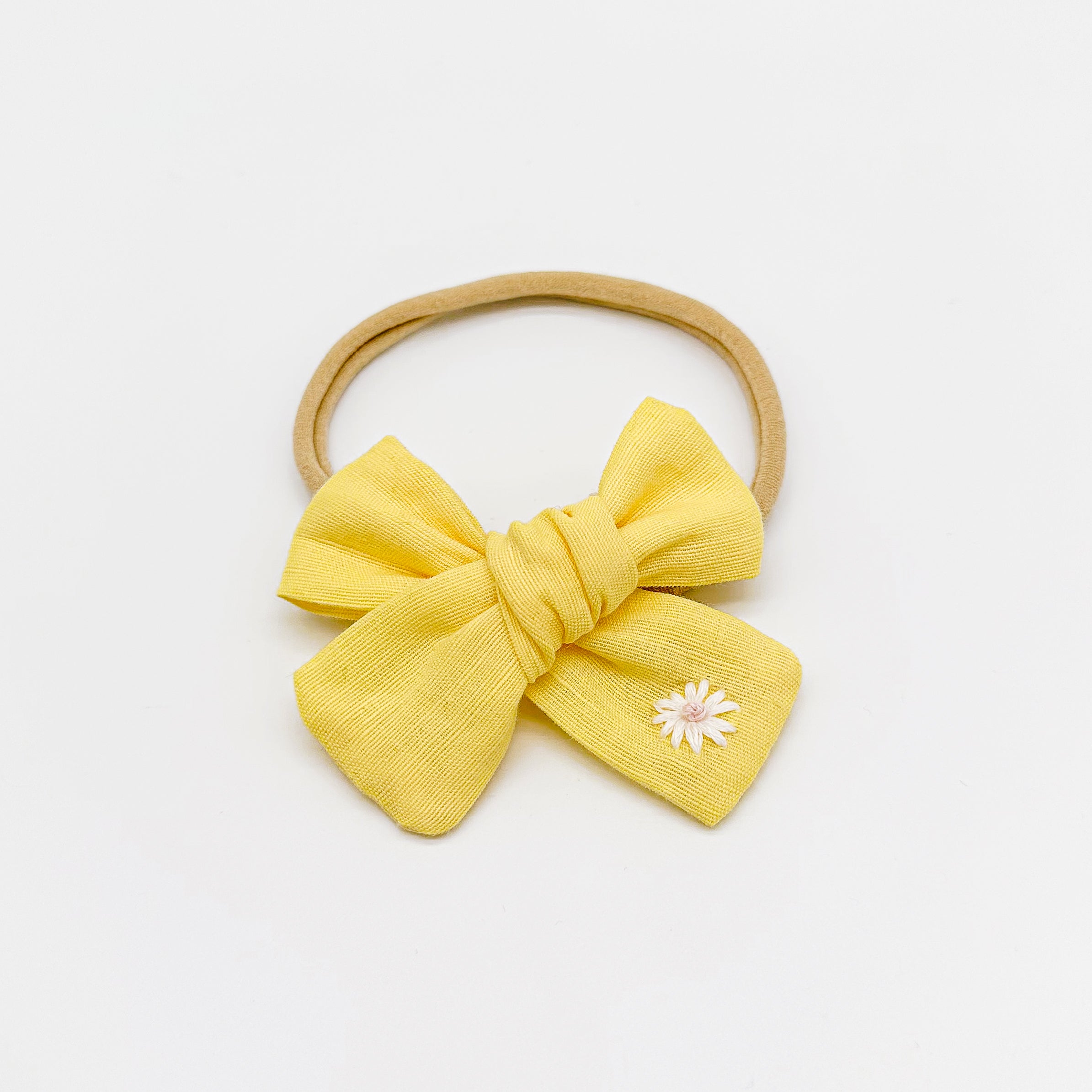 Yellow Linen Hand Embroidered Daisy Hair Bow | Handmade Bows