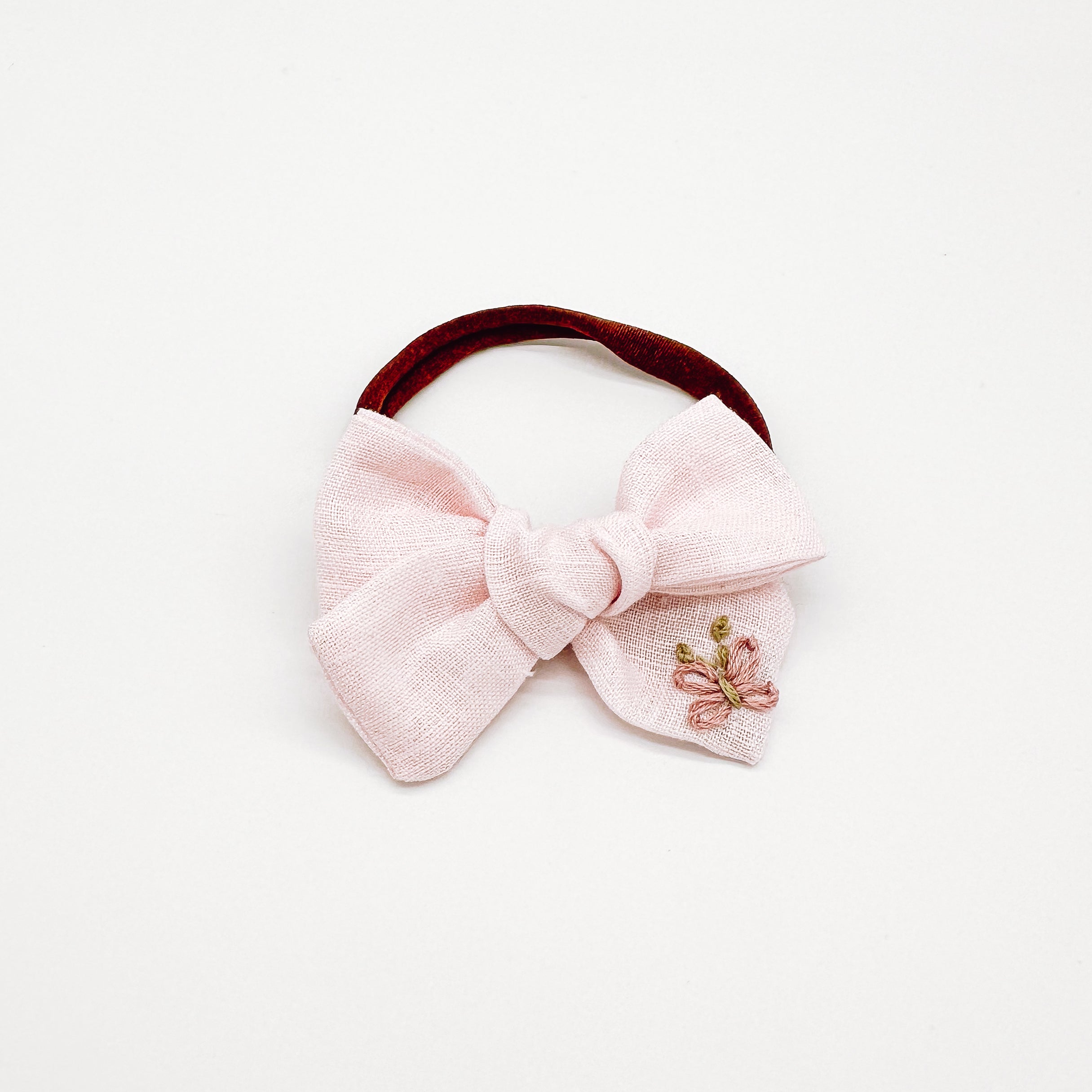 Baby Pink Linen Hand Embroidered Butterfly Hair Bow | Handmade Bows