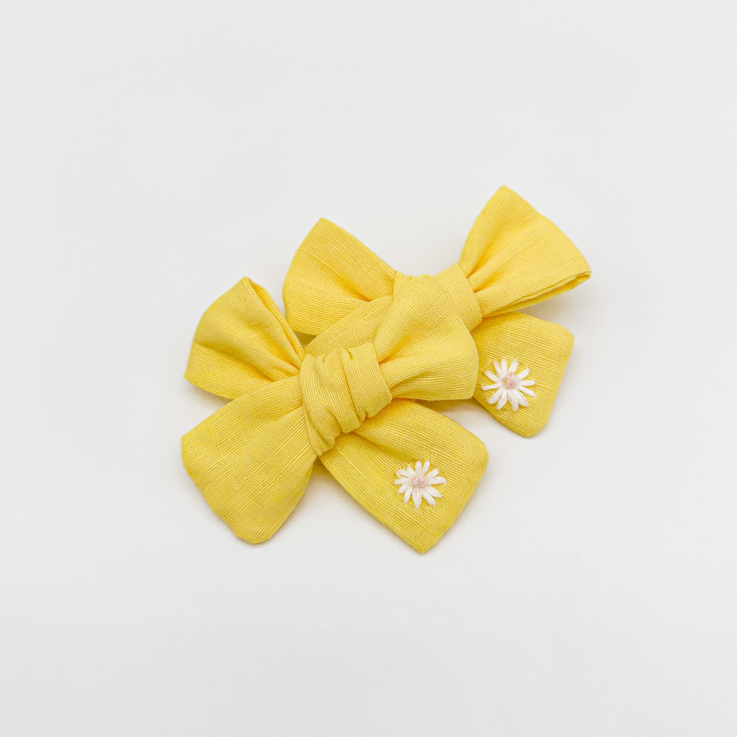 Yellow Linen Hand Embroidered Daisy Hair Bow | Handmade Bows