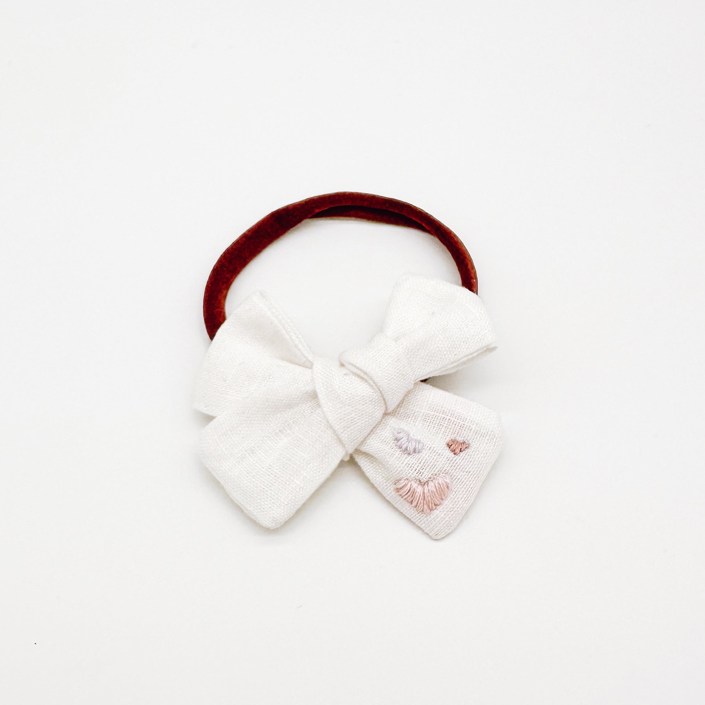 White Linen Hand Embroidered Love Hearts Hair Bow | Handmade Bows