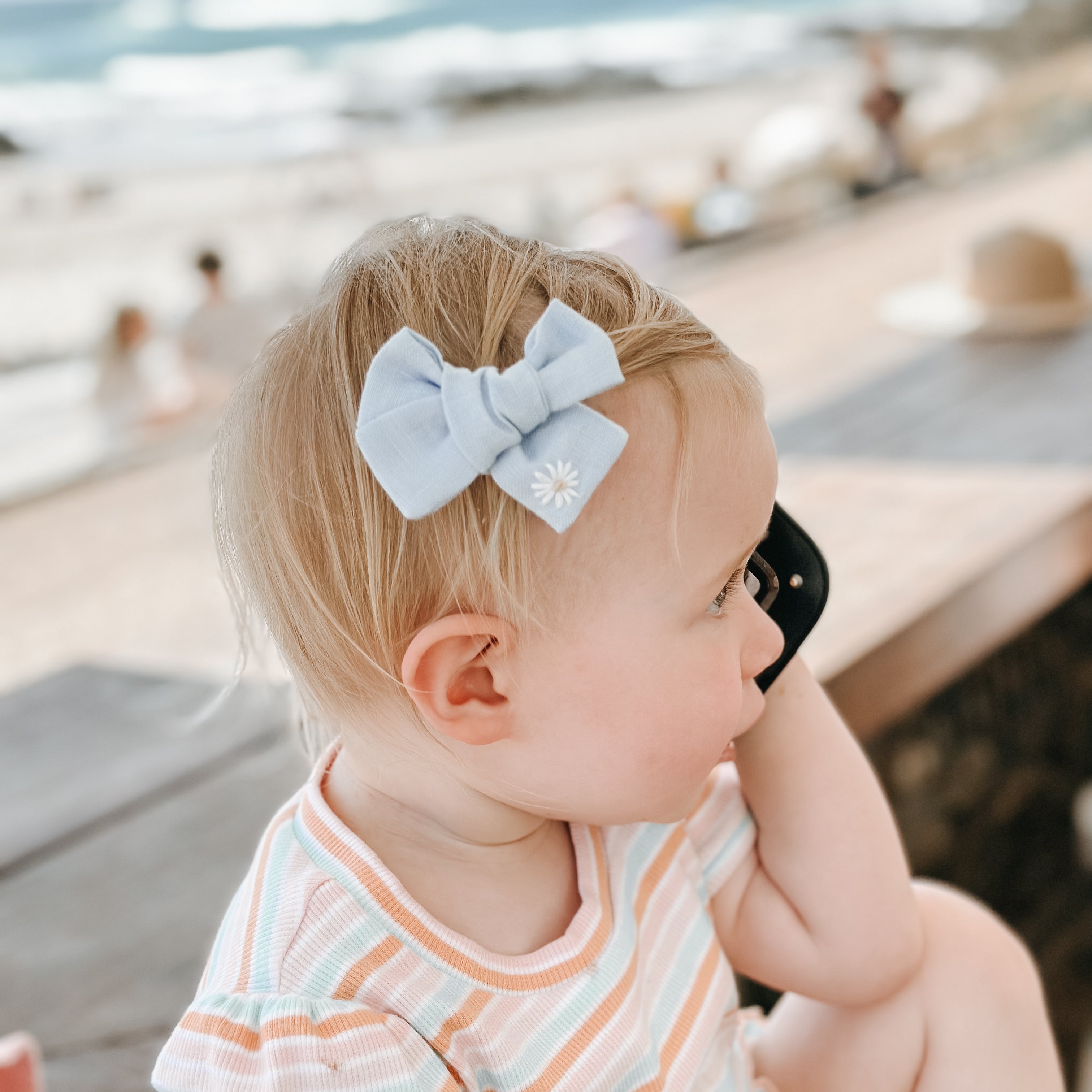 Baby Blue Linen Hand Embroidered Daisy Hair Bow | Handmade Bows