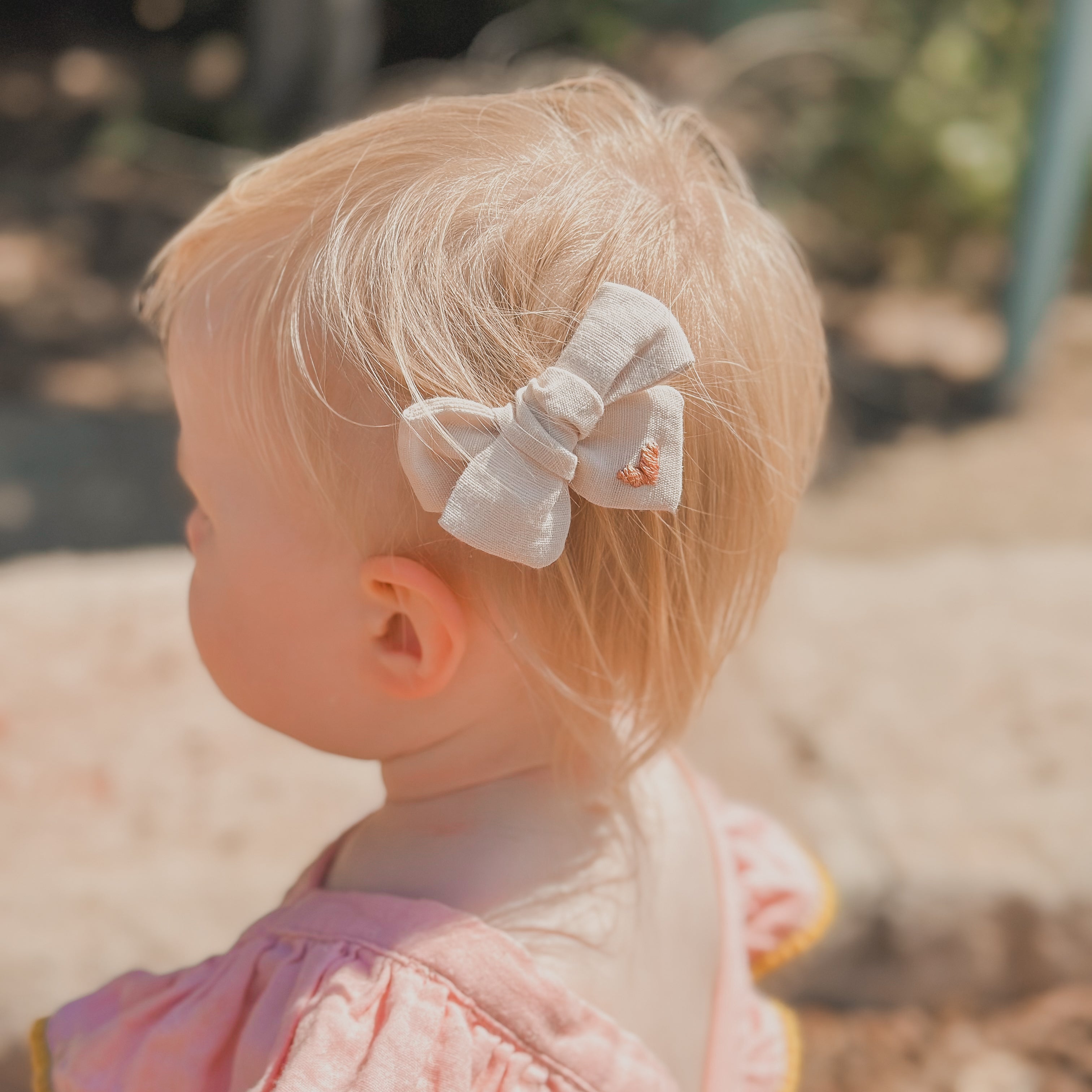 Beige Linen Hand Embroidered Heart Hair Bow | Handmade Bows