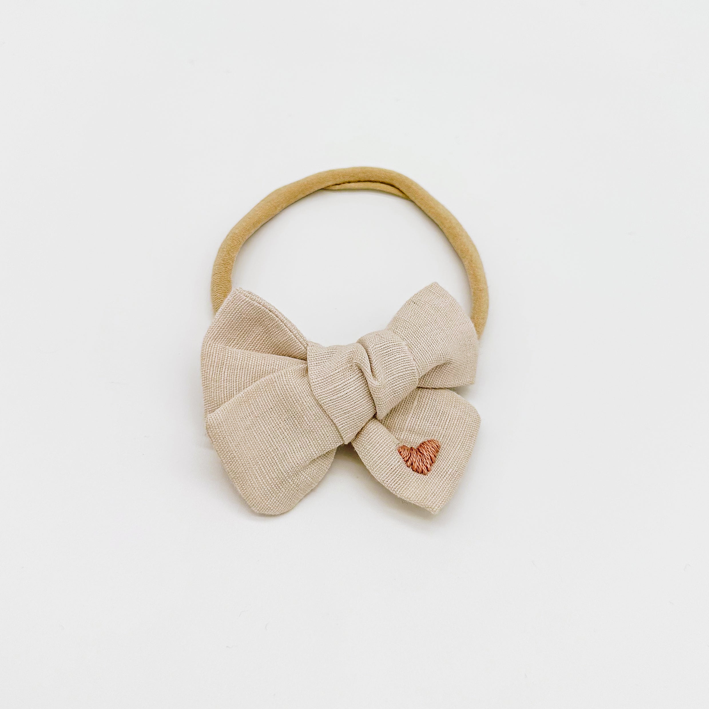 Beige Linen Hand Embroidered Heart Hair Bow | Handmade Bows