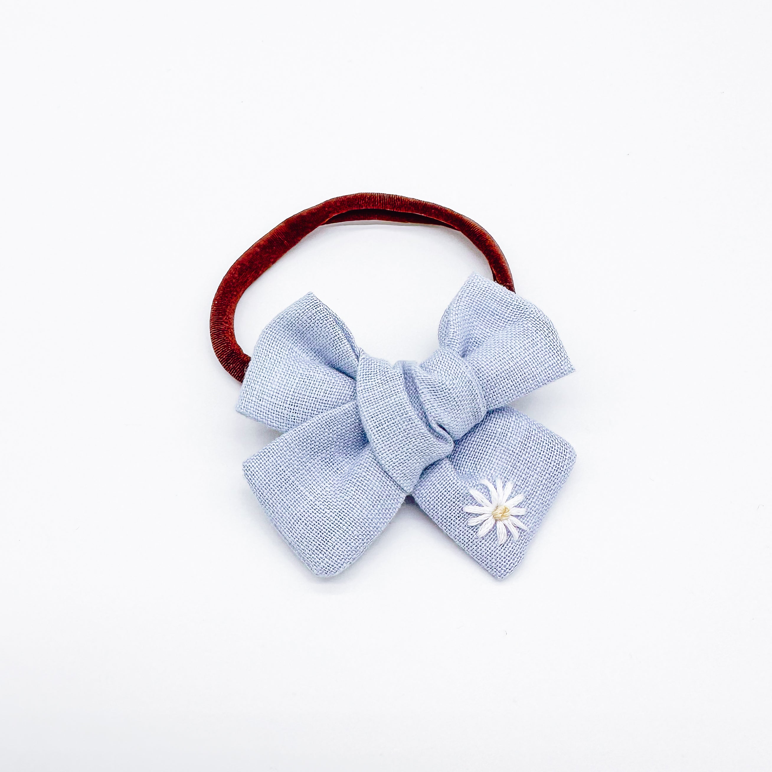 Baby Blue Linen Hand Embroidered Daisy Hair Bow | Handmade Bows