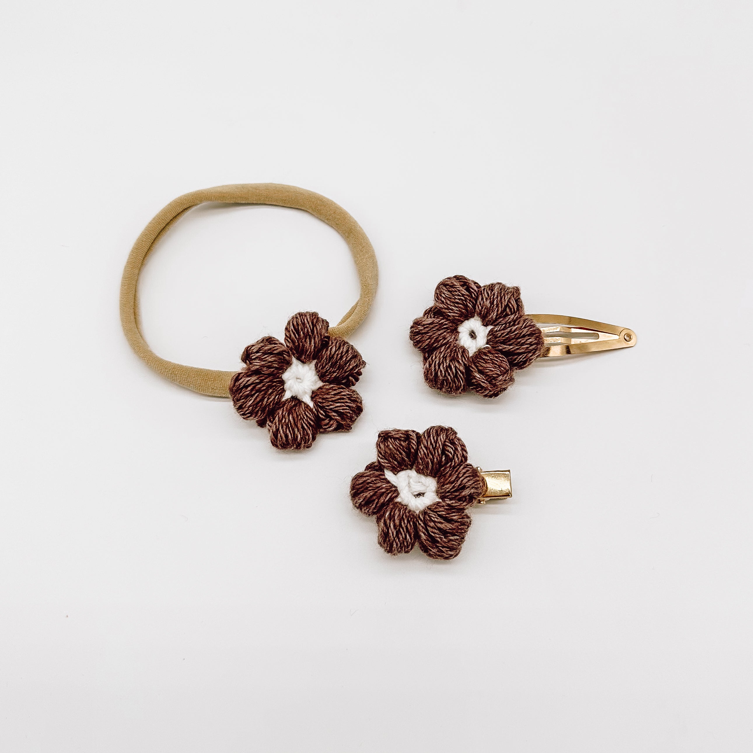 Josie Mocha Crocheted Flower Hair Accessories | Hand Crocheted Flowers