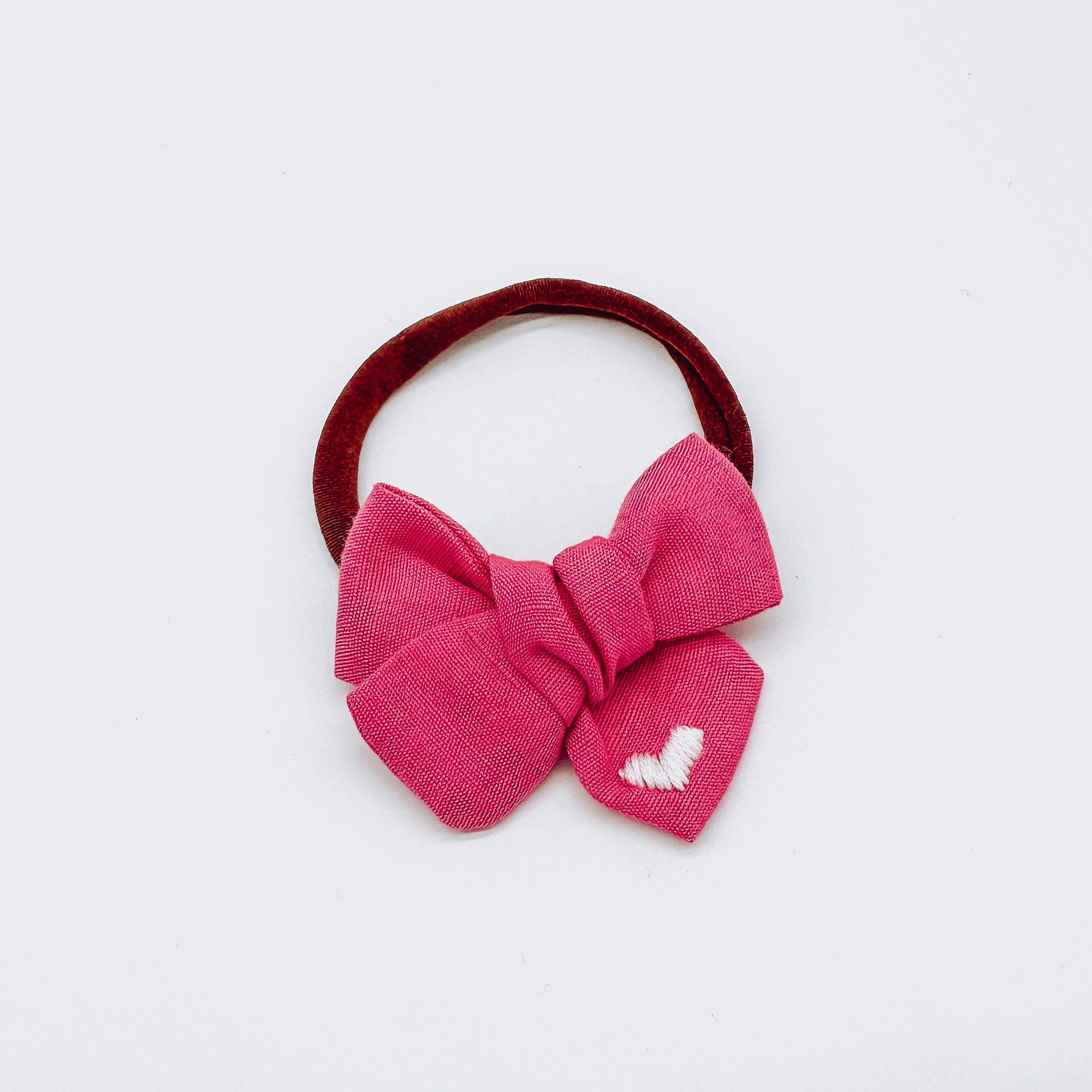 Hot Pink Linen Hand  Embroidered Heart Hair Bow | Handmade Bows