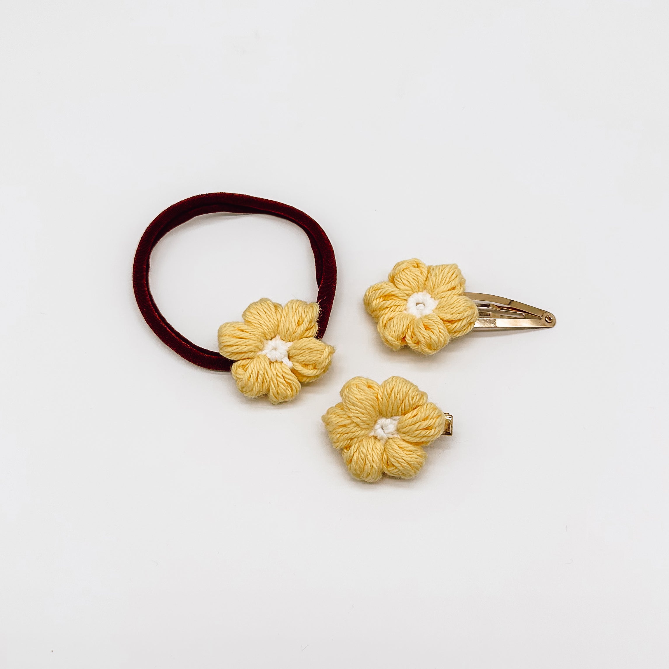 Josie Sorbet Yellow Crocheted Flower Hair Accessories | Hand Crocheted Flowers