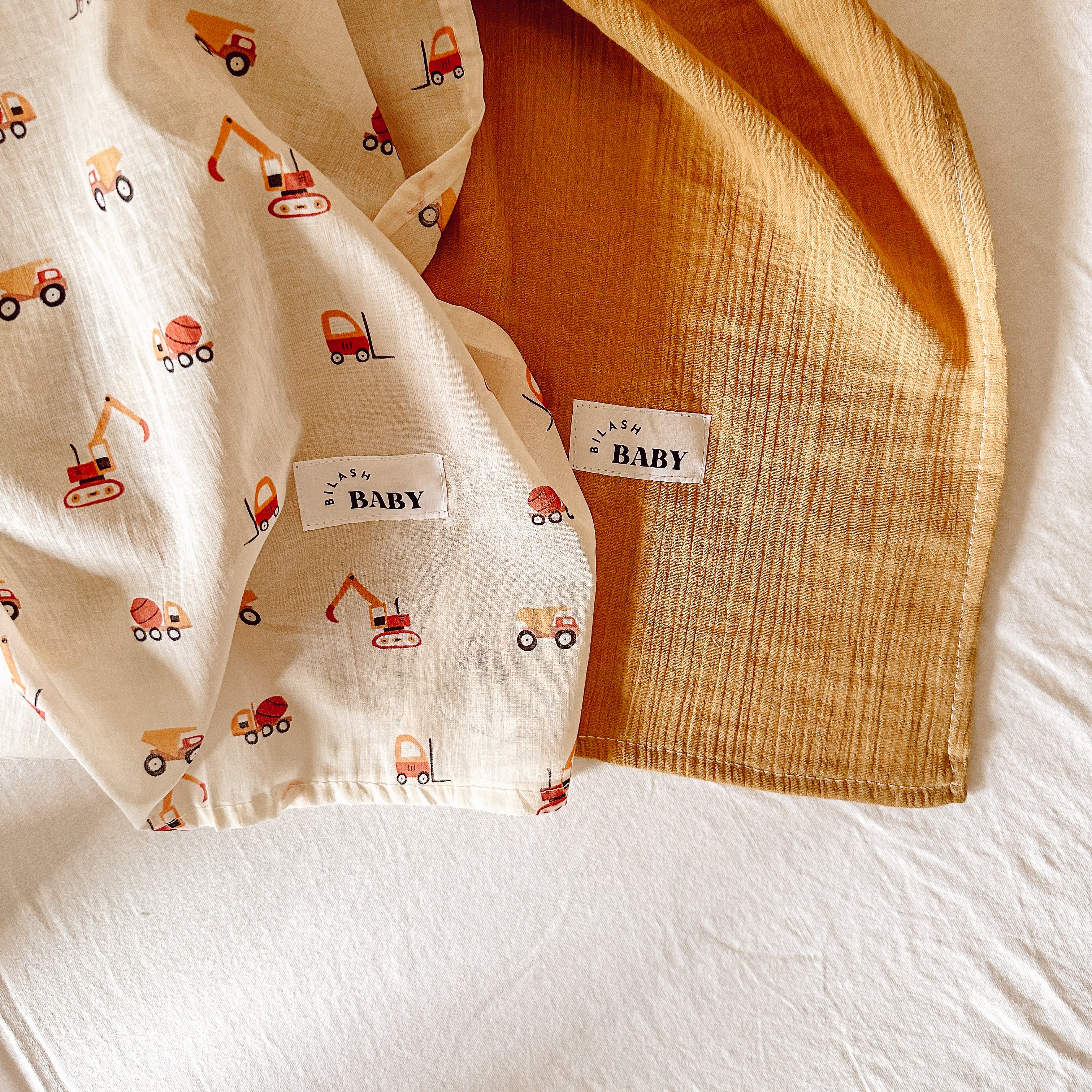 Mustard/Trucks & Diggers Baby Wrap Set | Handmade Baby Wraps