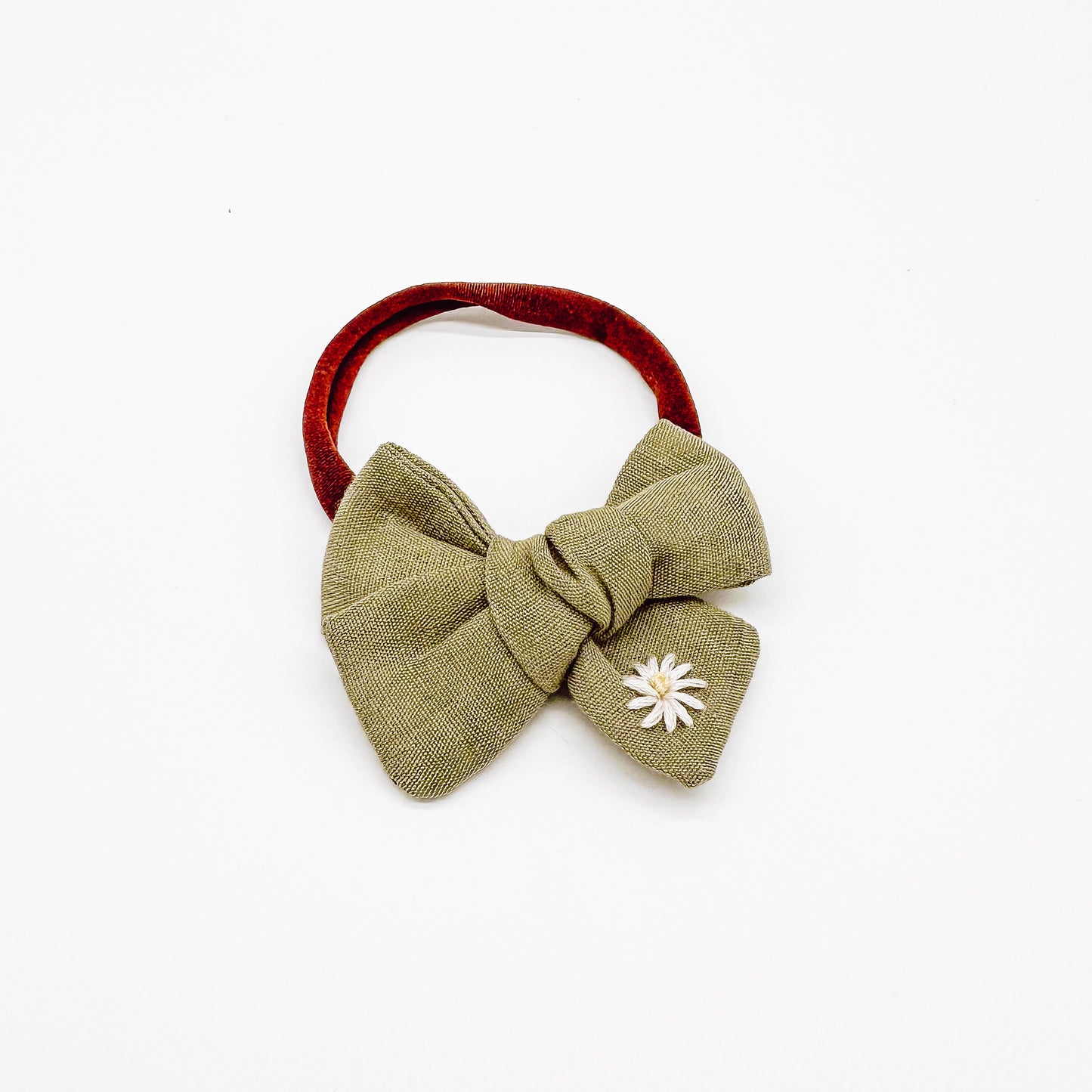 Sage Linen Hand Embroidered Daisy Hair Bow | Handmade Bow