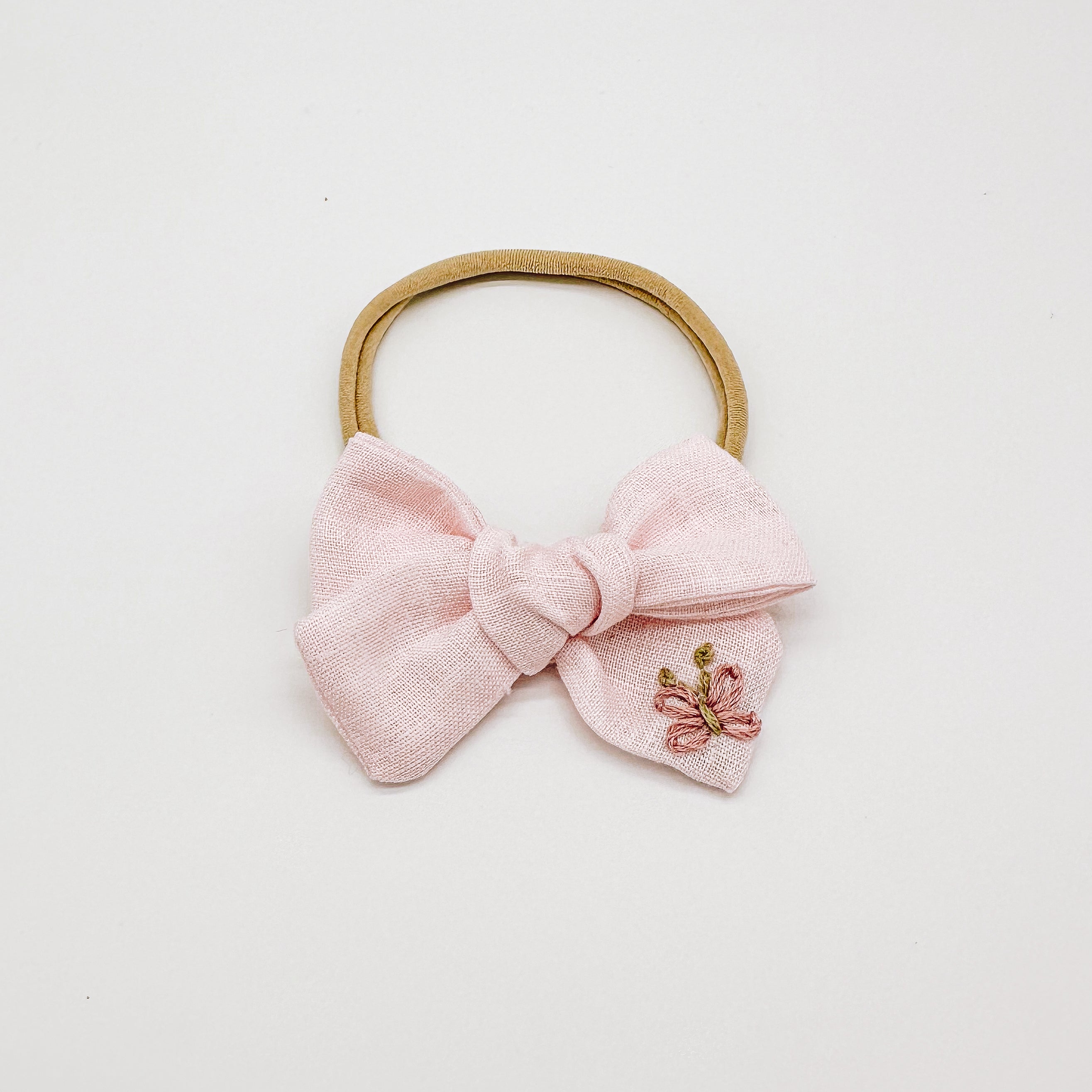 Baby Pink Linen Hand Embroidered Butterfly Hair Bow | Handmade Bows