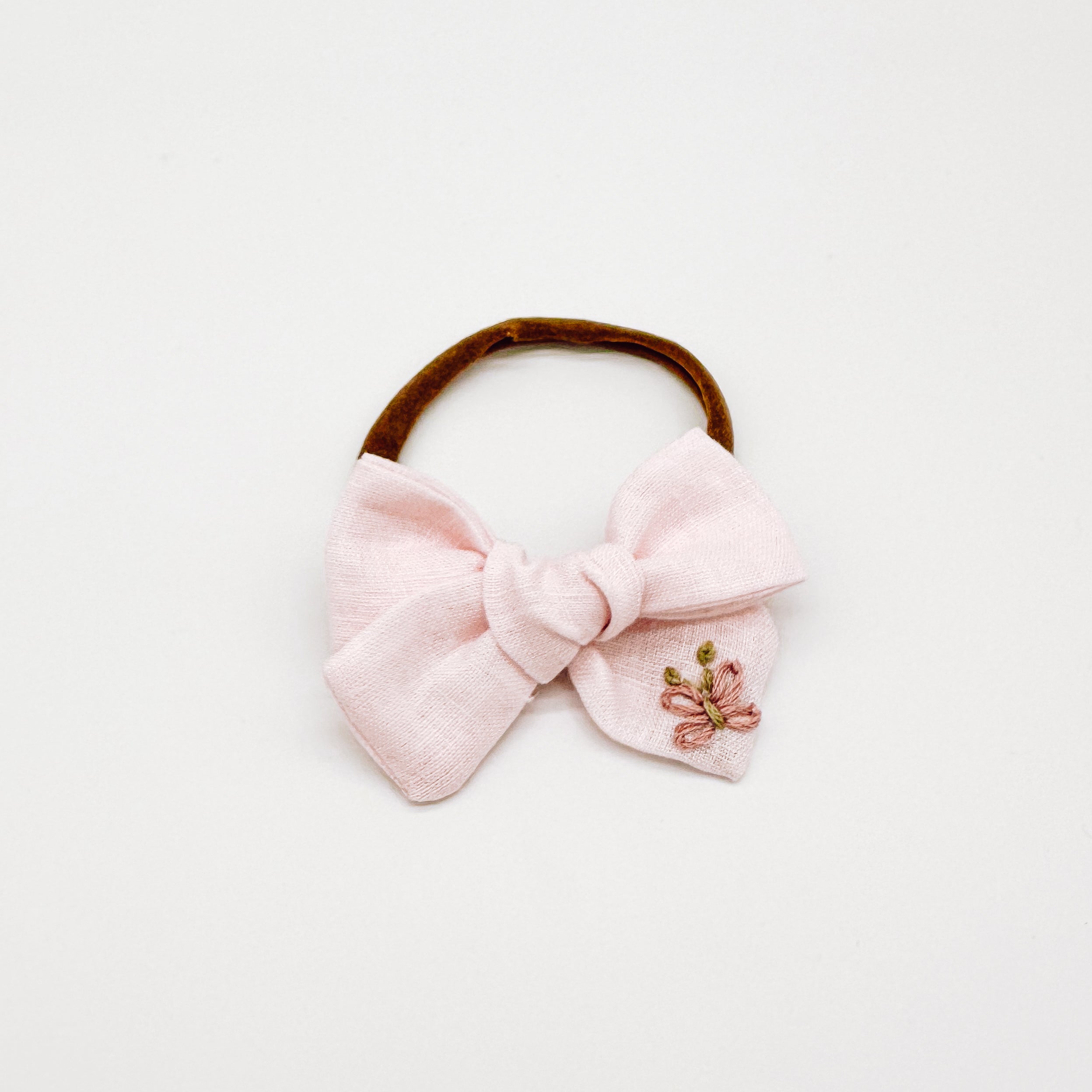 Baby Pink Linen Hand Embroidered Butterfly Hair Bow | Handmade Bows