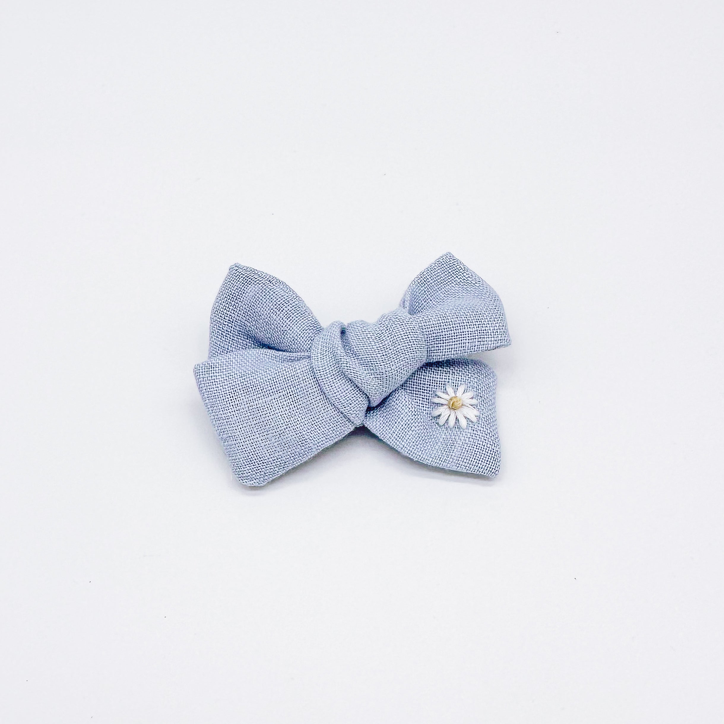 Baby Blue Linen Hand Embroidered Daisy Hair Bow | Handmade Bows