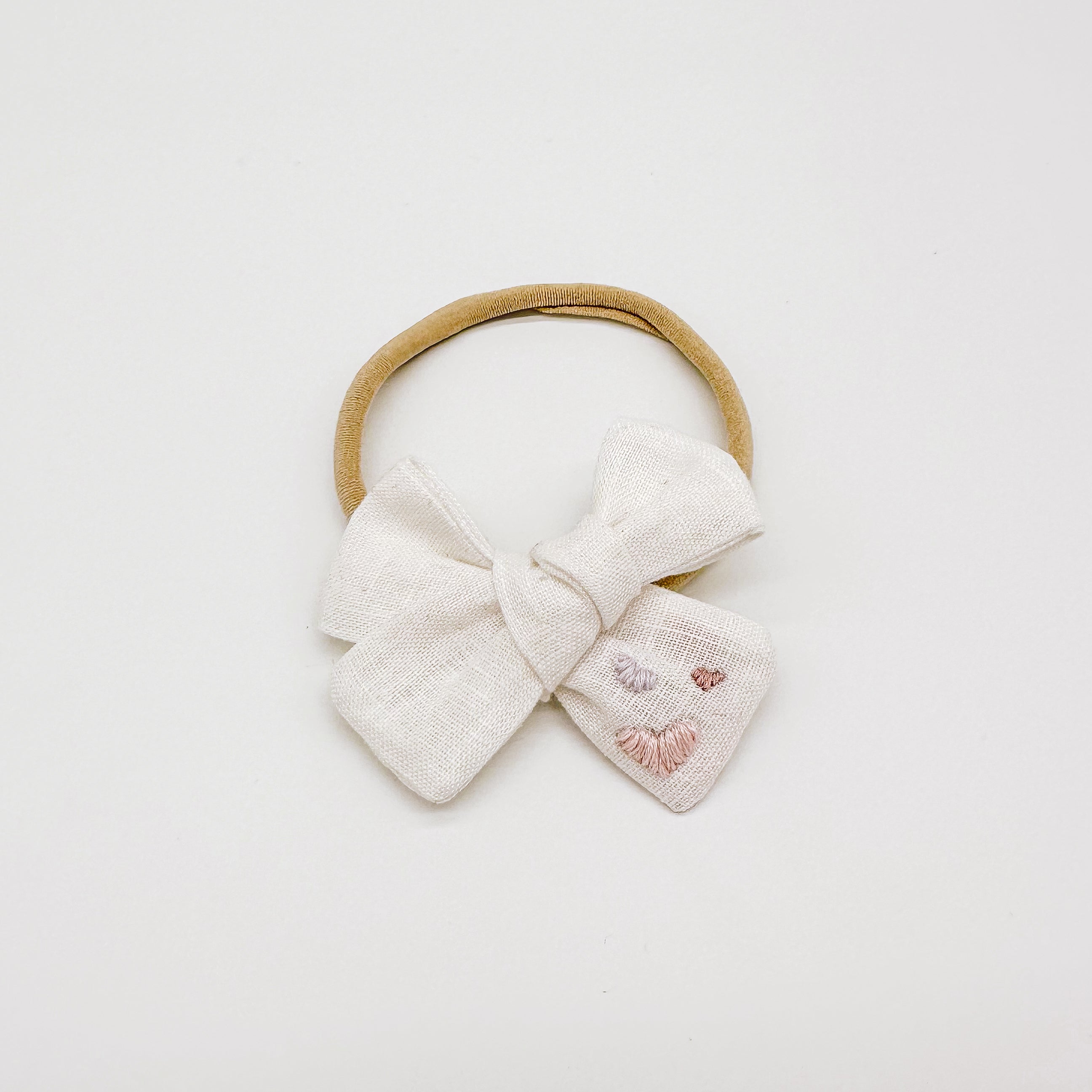 White Linen Hand Embroidered Love Hearts Hair Bow | Handmade Bows