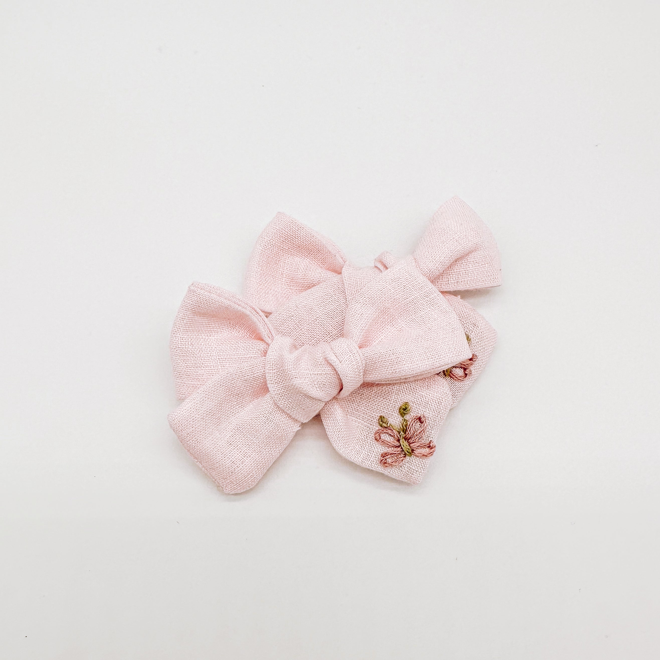 Baby Pink Linen Hand Embroidered Butterfly Hair Bow | Handmade Bows