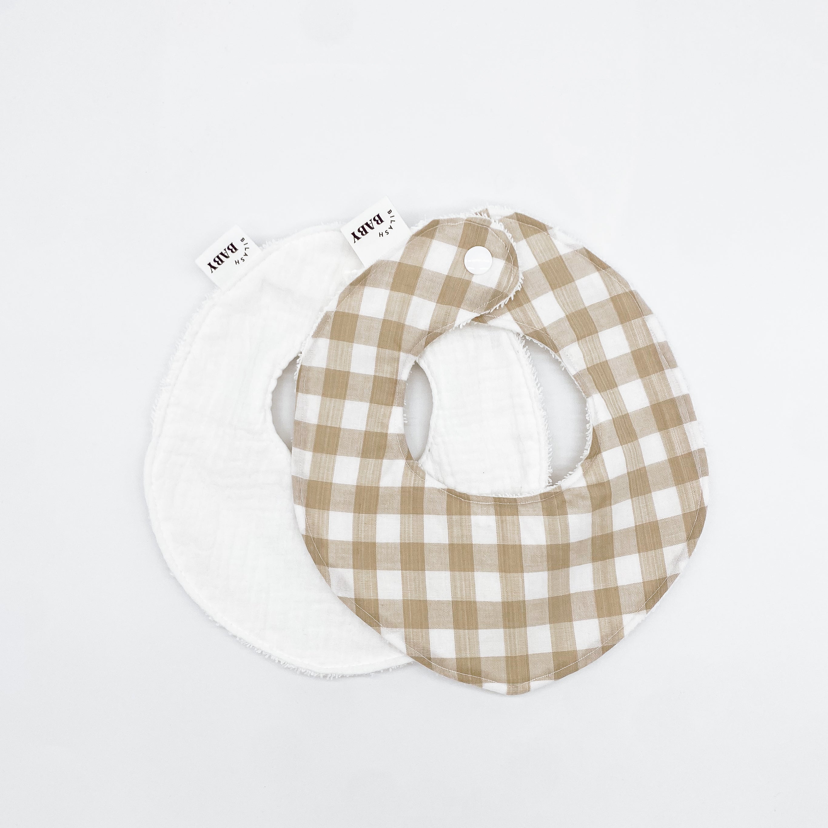 Stone Gingham & White Muslin Bib Sets