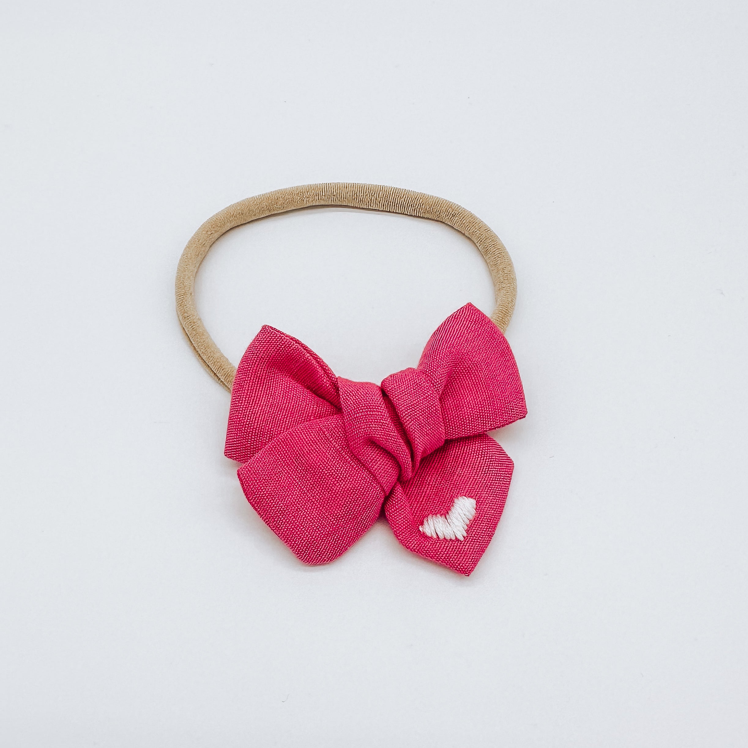 Hot Pink Linen Hand  Embroidered Heart Hair Bow | Handmade Bows