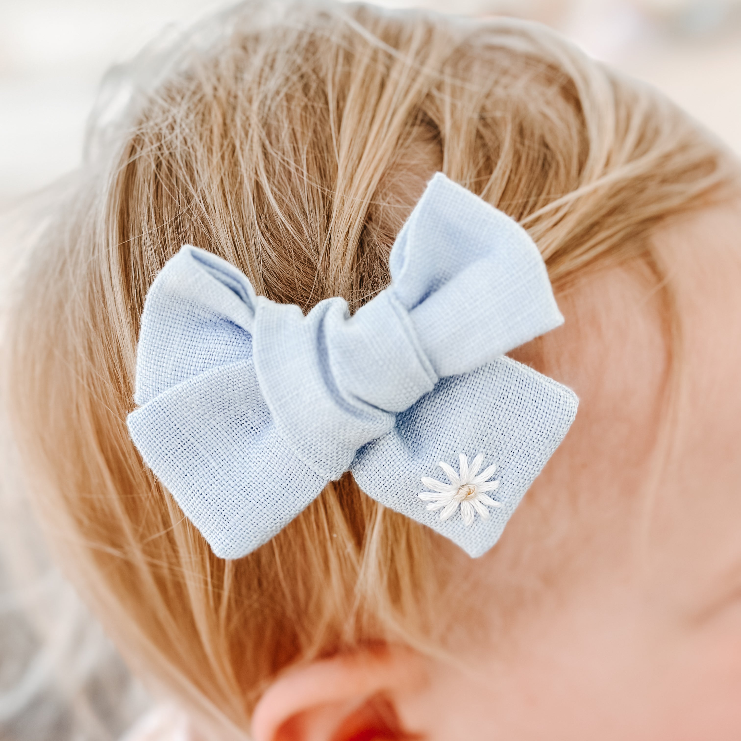 Baby Blue Linen Hand Embroidered Daisy Hair Bow | Handmade Bows