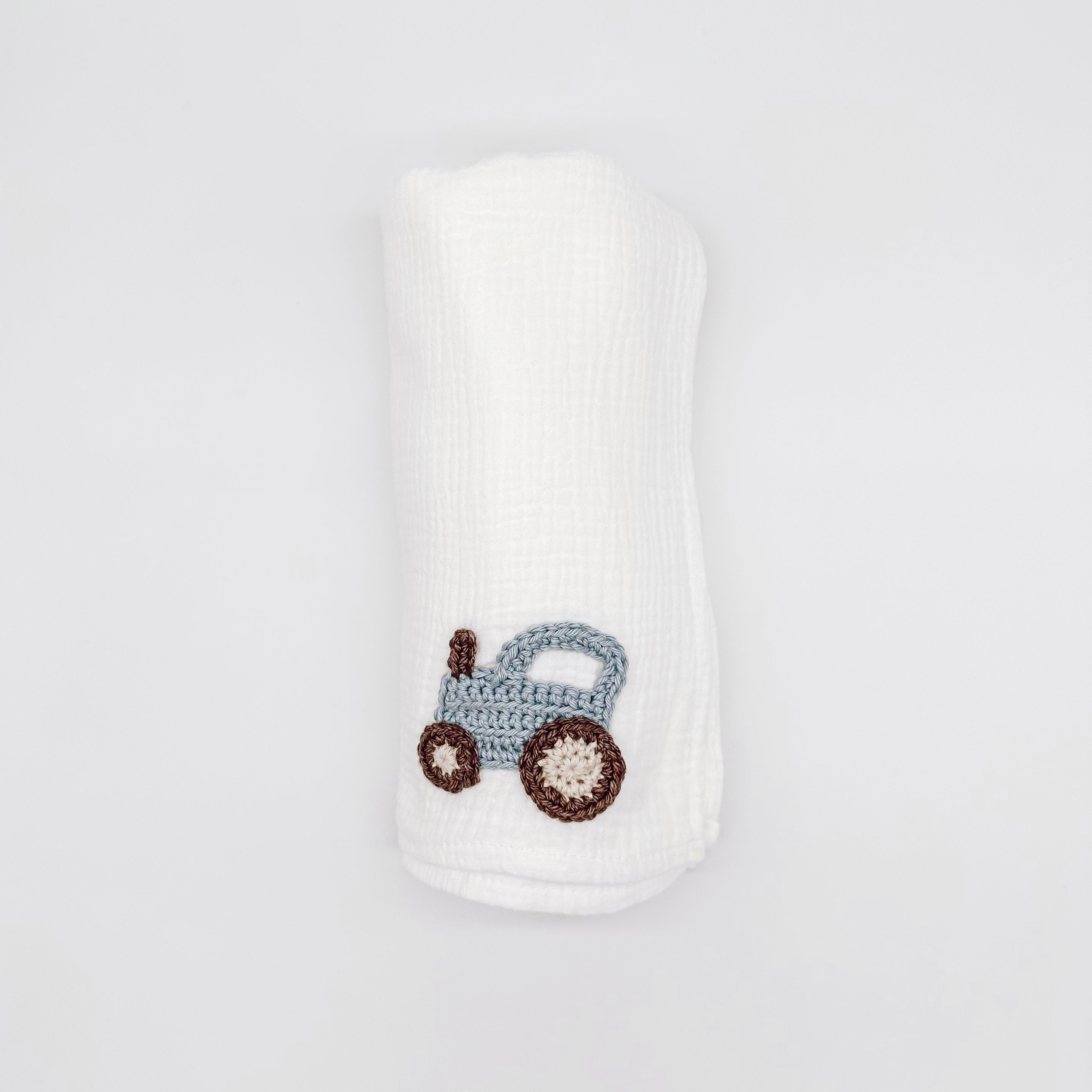 Hand Crocheted Tractor White Baby Wrap | Handmade Baby Wraps