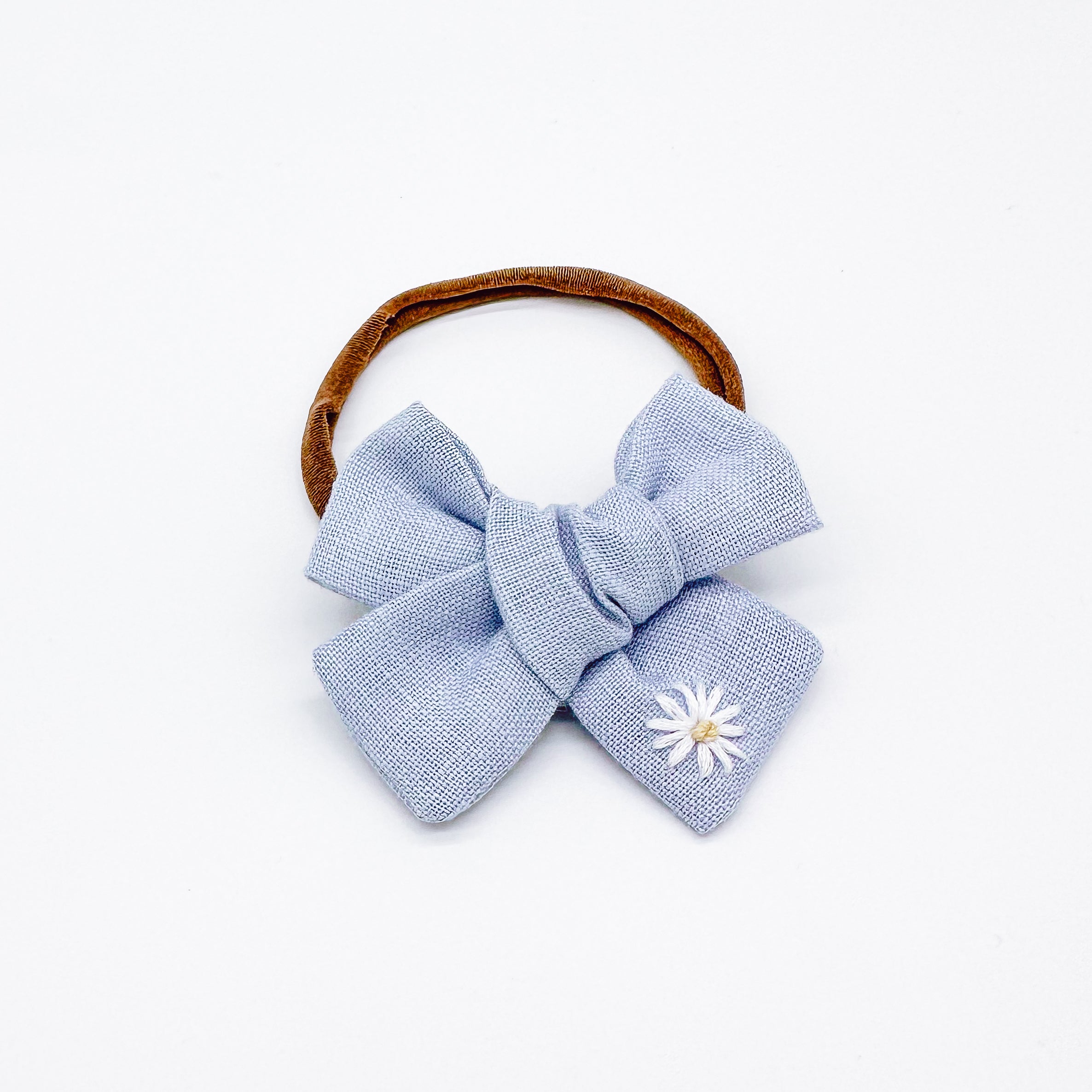 Baby Blue Linen Hand Embroidered Daisy Hair Bow | Handmade Bows