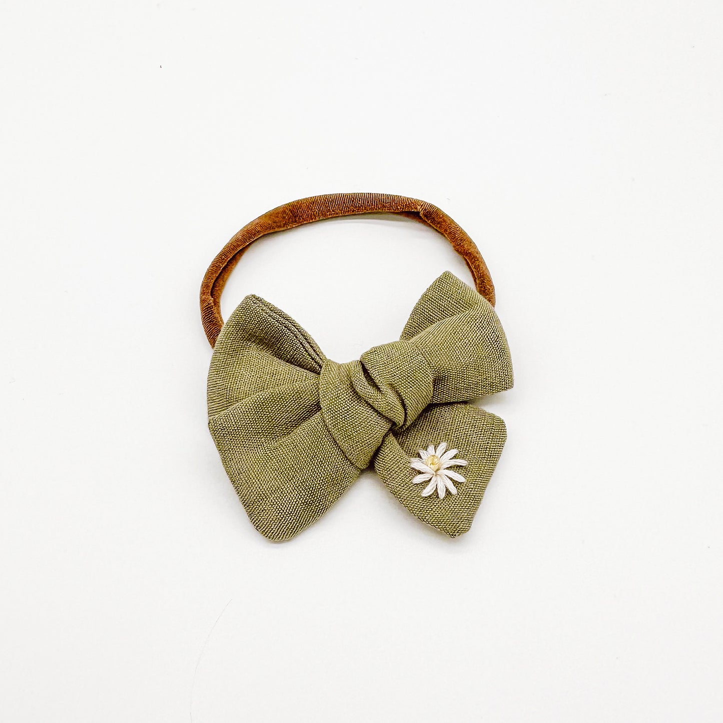 Sage Linen Hand Embroidered Daisy Hair Bow | Handmade Bow