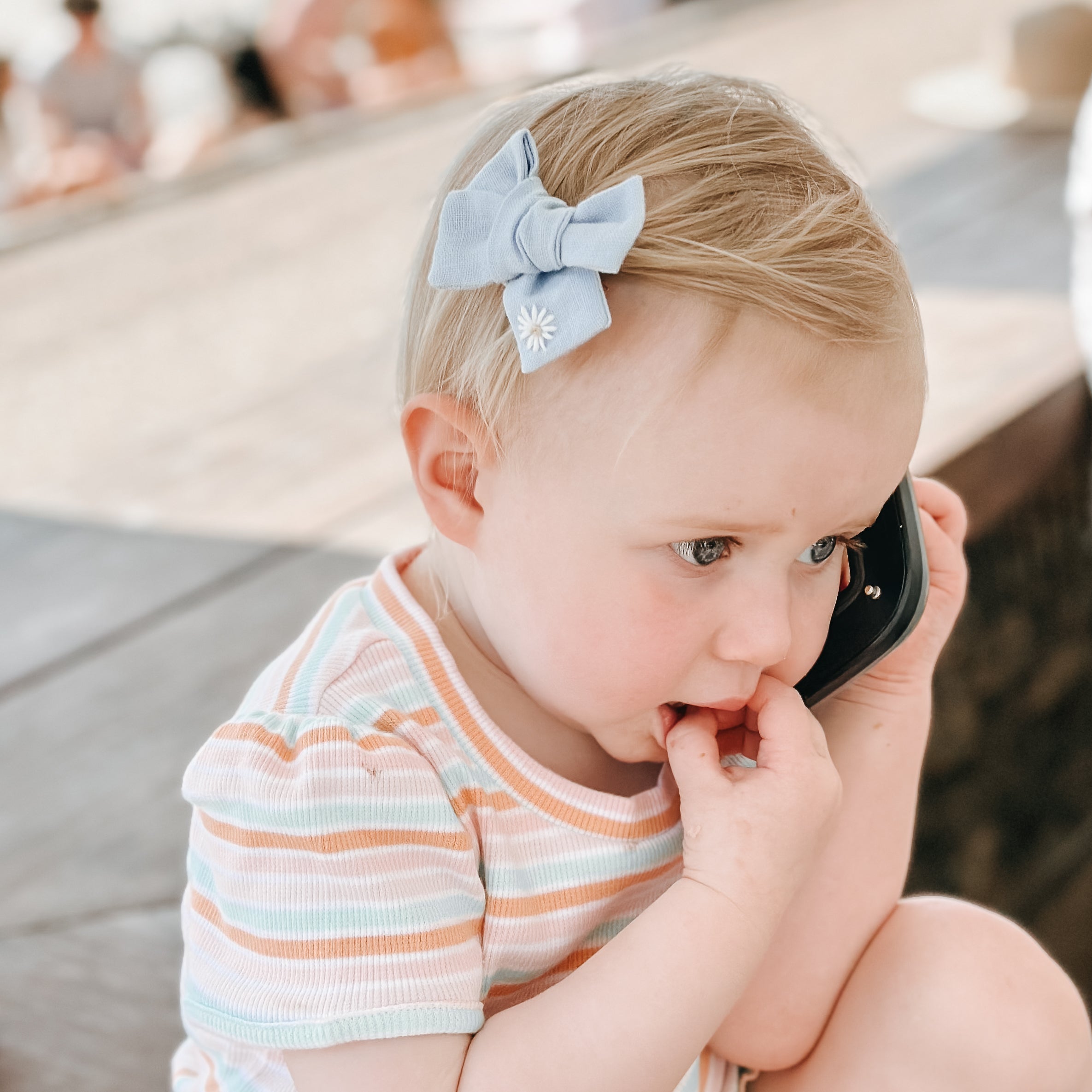 Baby Blue Linen Hand Embroidered Daisy Hair Bow | Handmade Bows