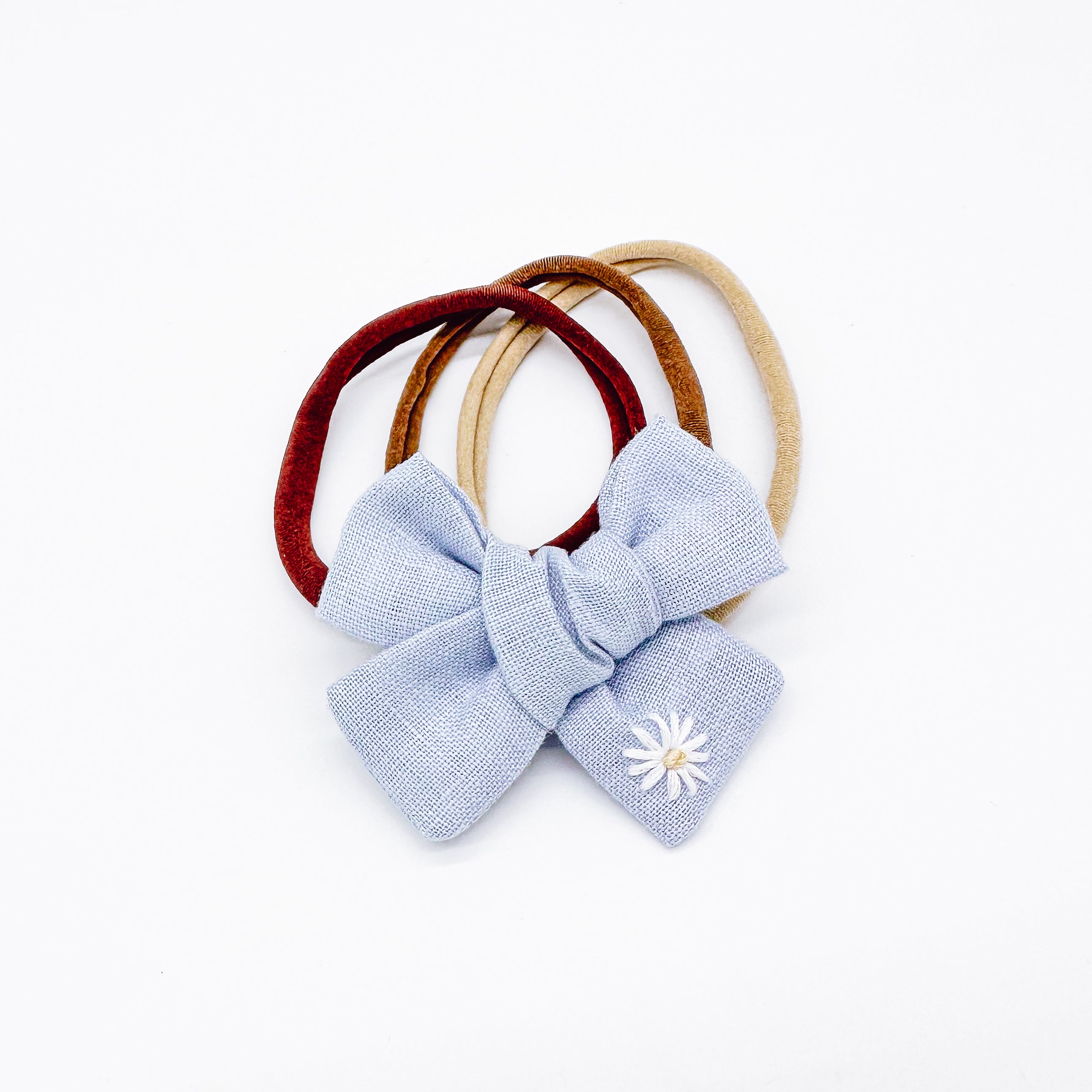 Baby Blue Linen Hand Embroidered Daisy Hair Bow | Handmade Bows