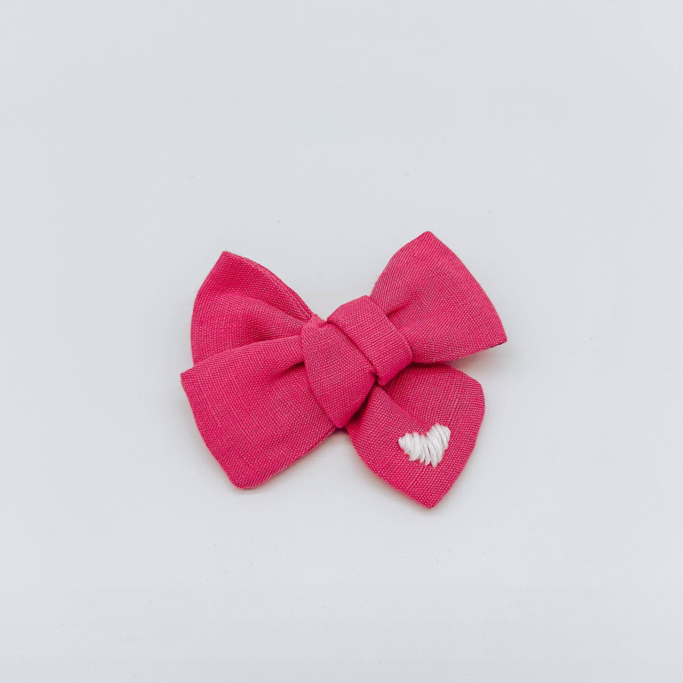 Hot Pink Linen Hand  Embroidered Heart Hair Bow | Handmade Bows