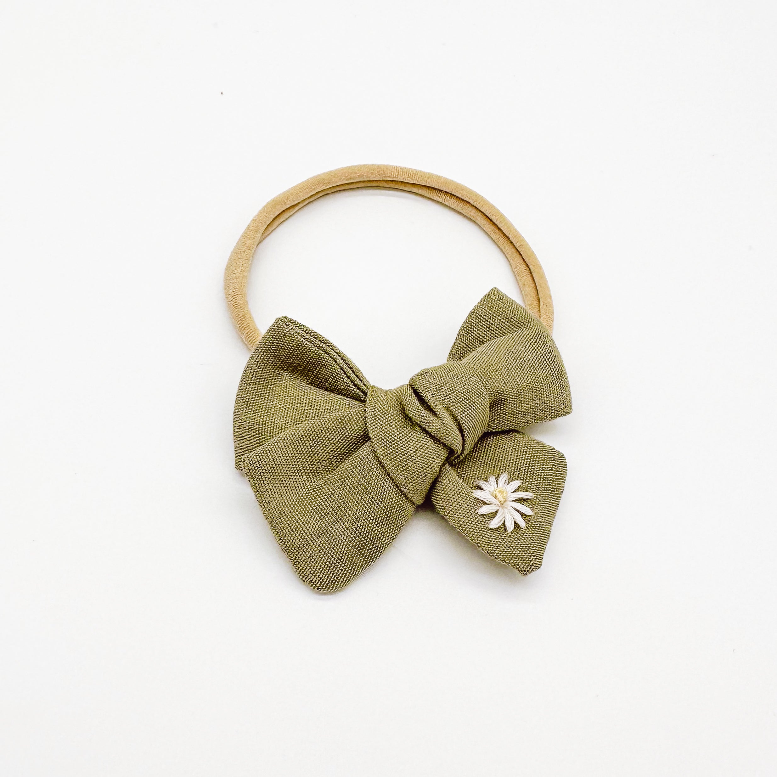 Sage Linen Hand Embroidered Daisy Hair Bow | Handmade Bow